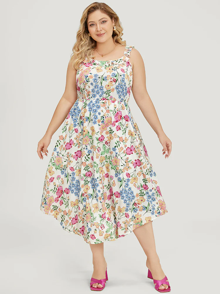 Floral Arc Hem Pocket Square Neck Ruffle Trim Cami Dress - Image 5
