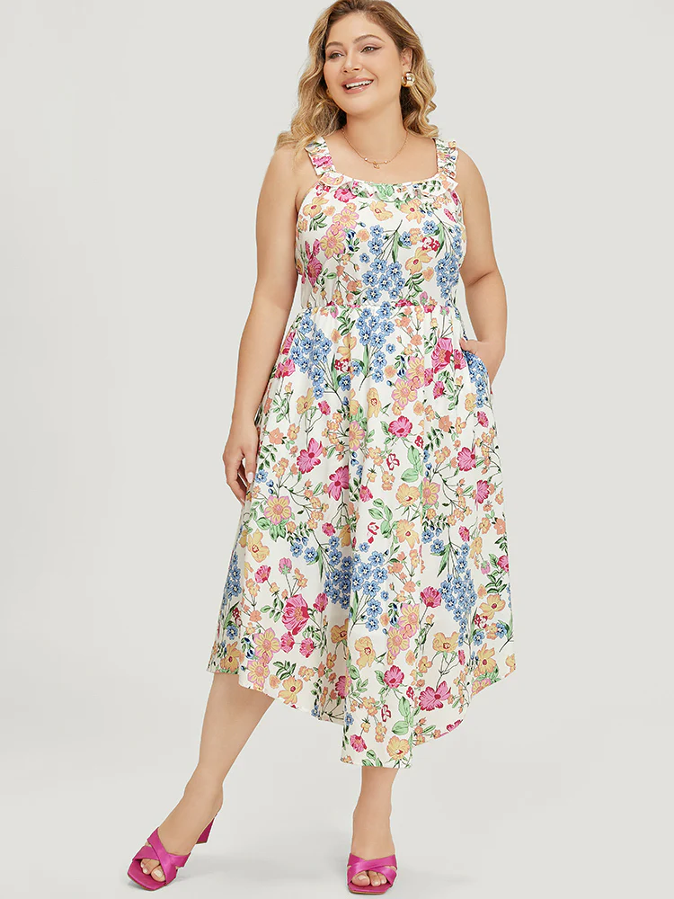 Floral Arc Hem Pocket Square Neck Ruffle Trim Cami Dress - Image 6