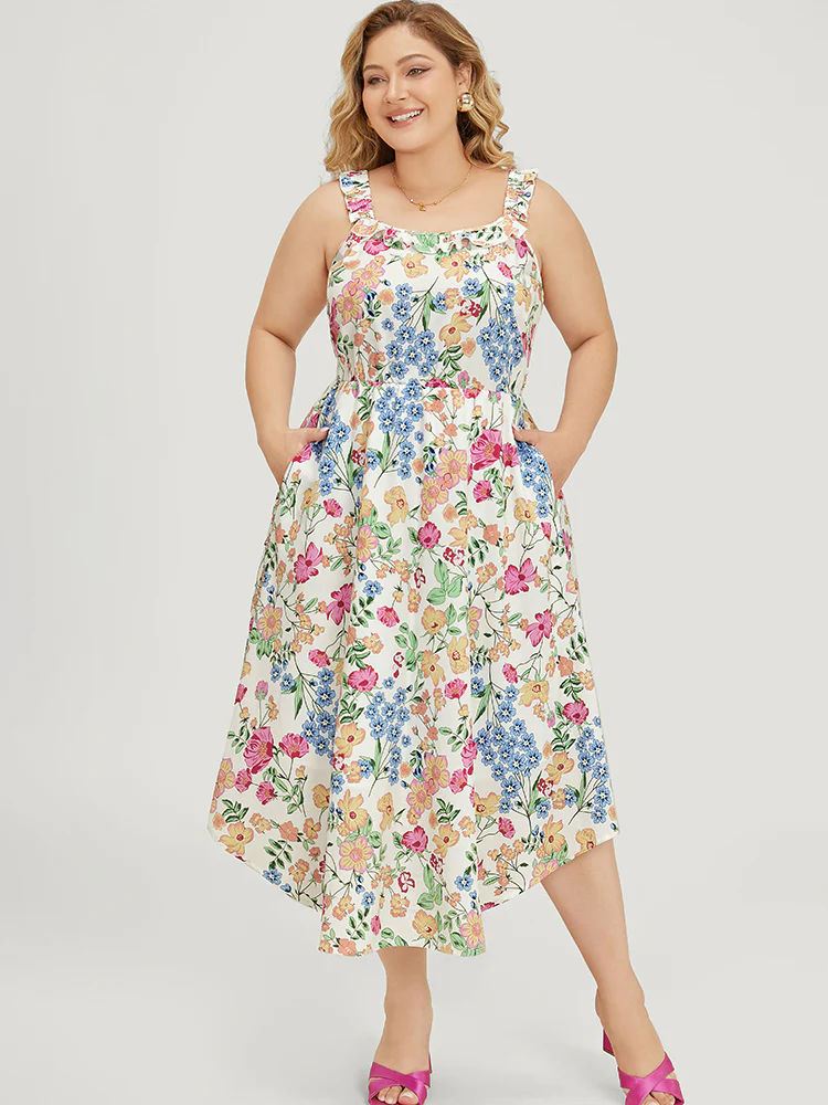 Floral Arc Hem Pocket Square Neck Ruffle Trim Cami Dress - Image 7