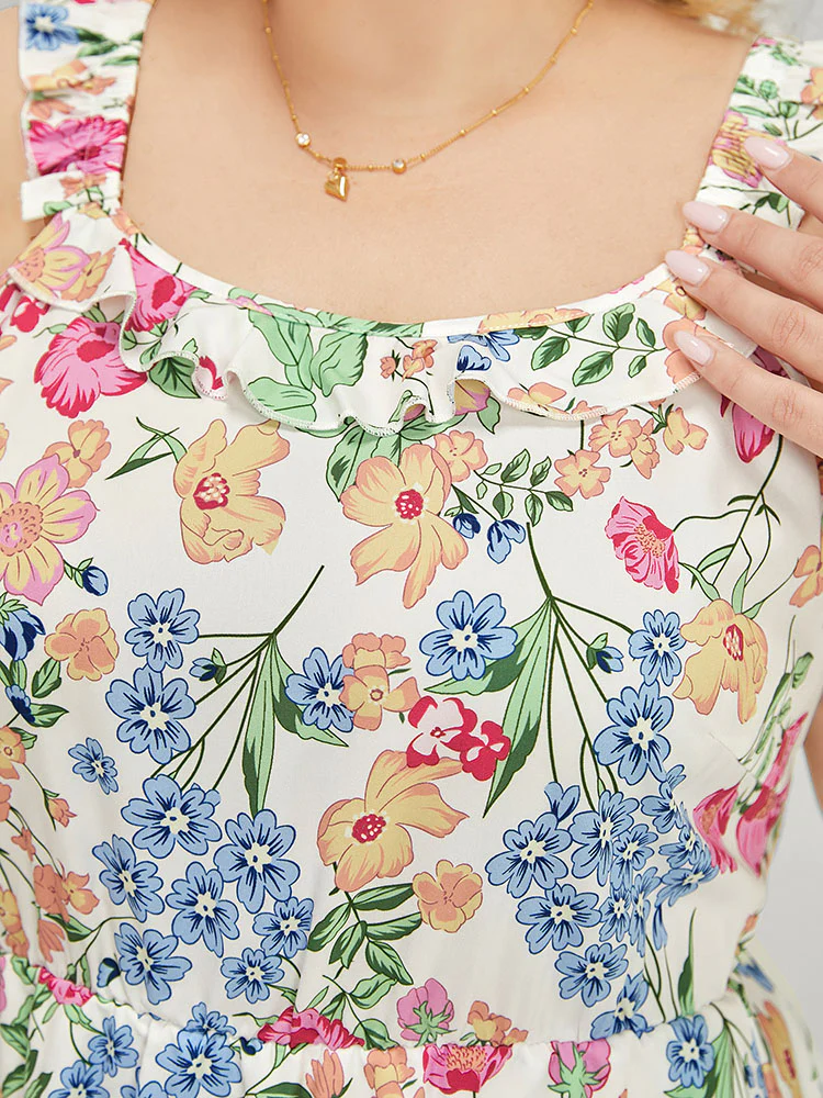 Floral Arc Hem Pocket Square Neck Ruffle Trim Cami Dress - Image 8