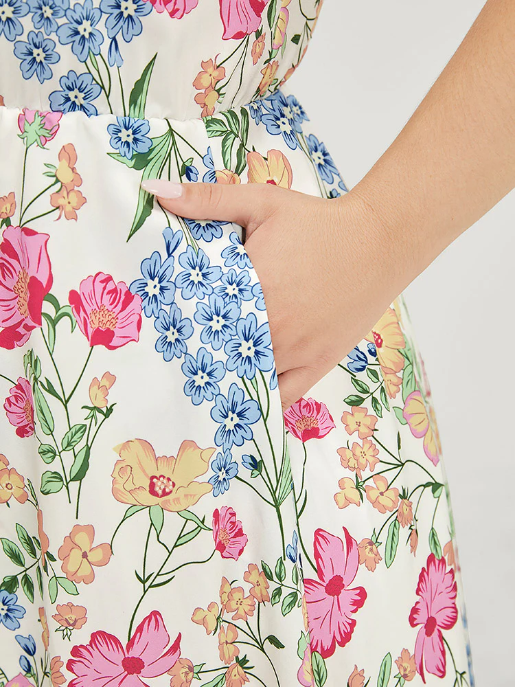 Floral Arc Hem Pocket Square Neck Ruffle Trim Cami Dress - Image 9