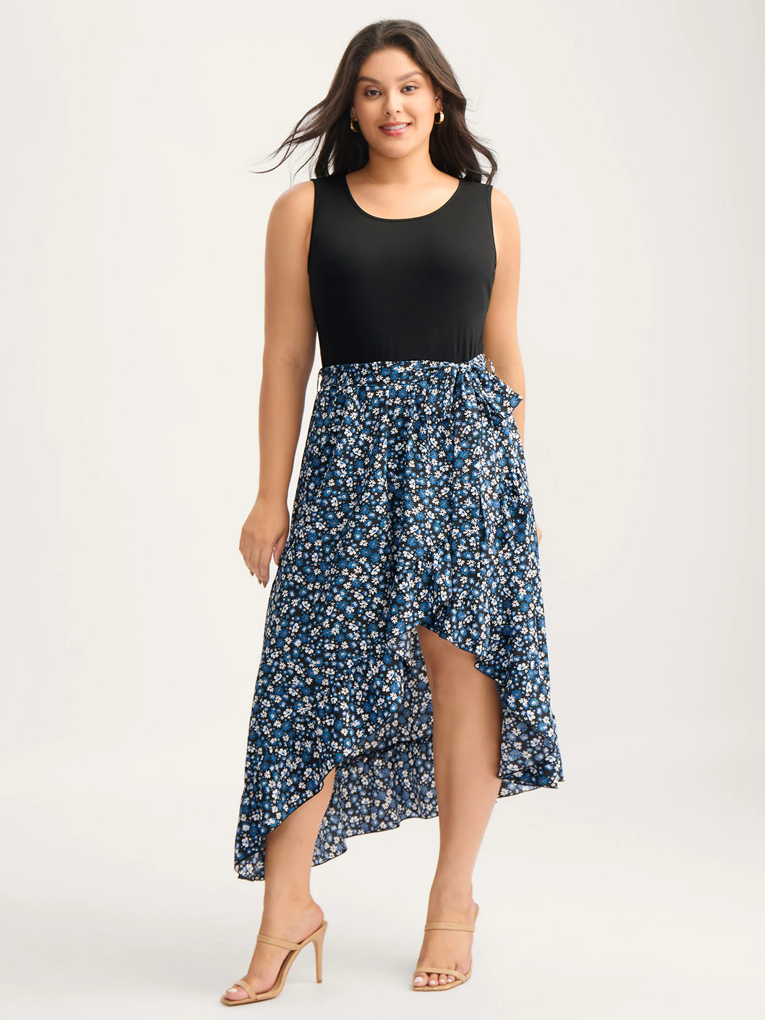 Floral Asymmetrical Hem Bow-Tie Midi Dress - Image 3
