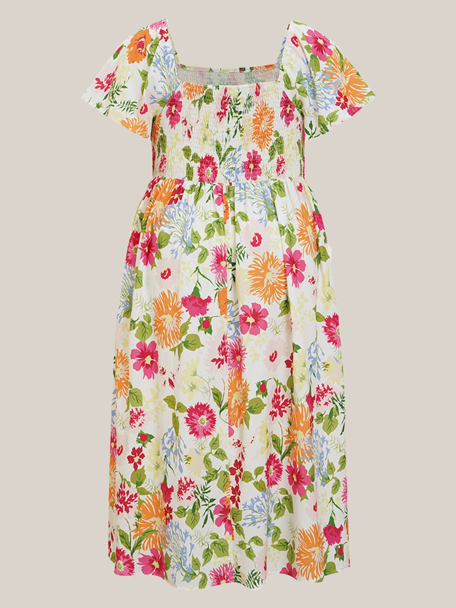 Floral Shirred Square Neck Pocket Midi Dress - Image 10