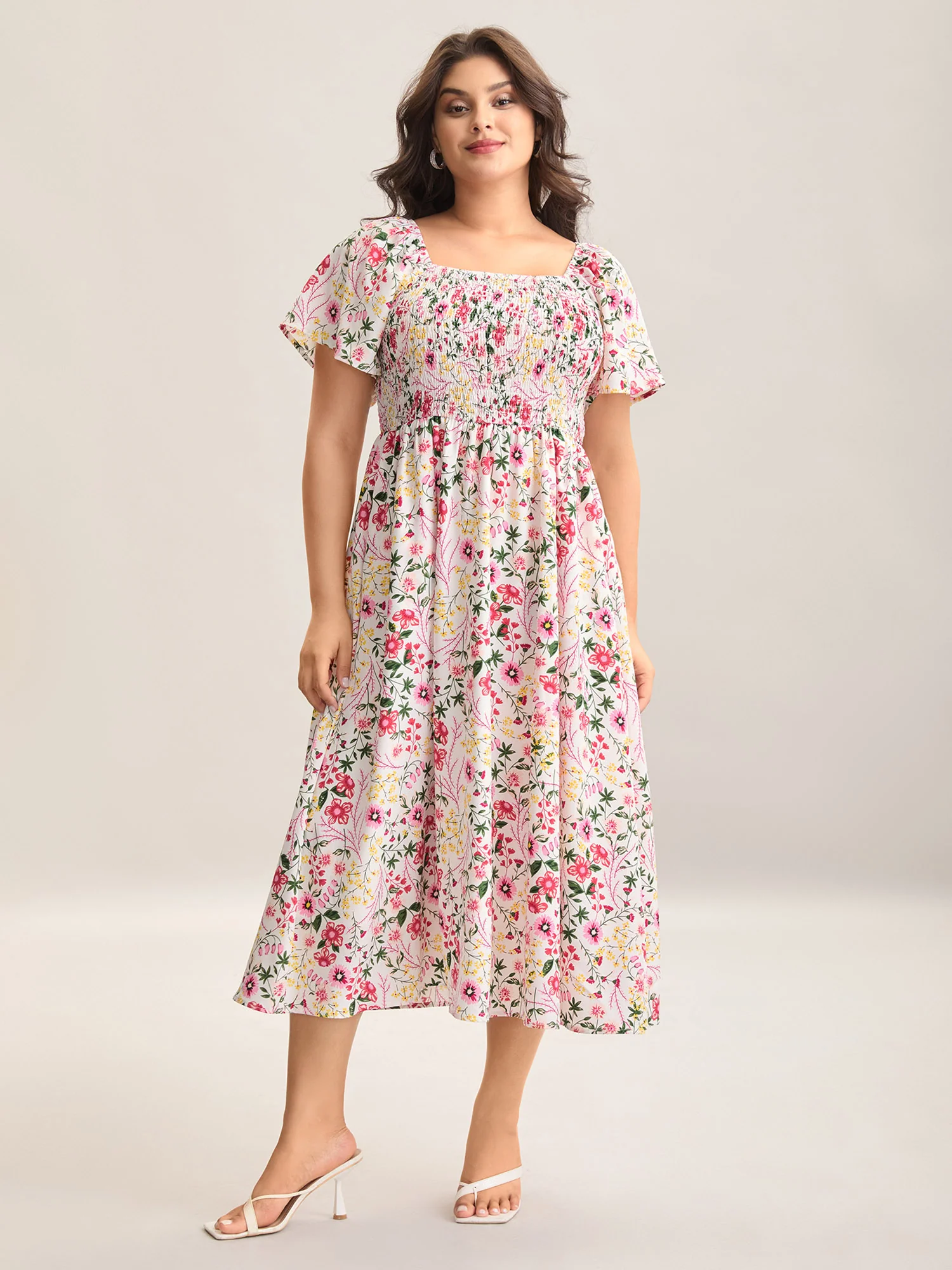 Floral Shirred Square Neck Pocket Midi Dress - Image 11