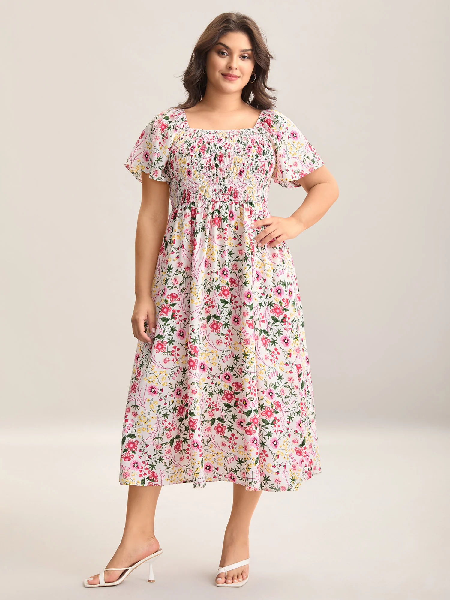 Floral Shirred Square Neck Pocket Midi Dress - Image 13