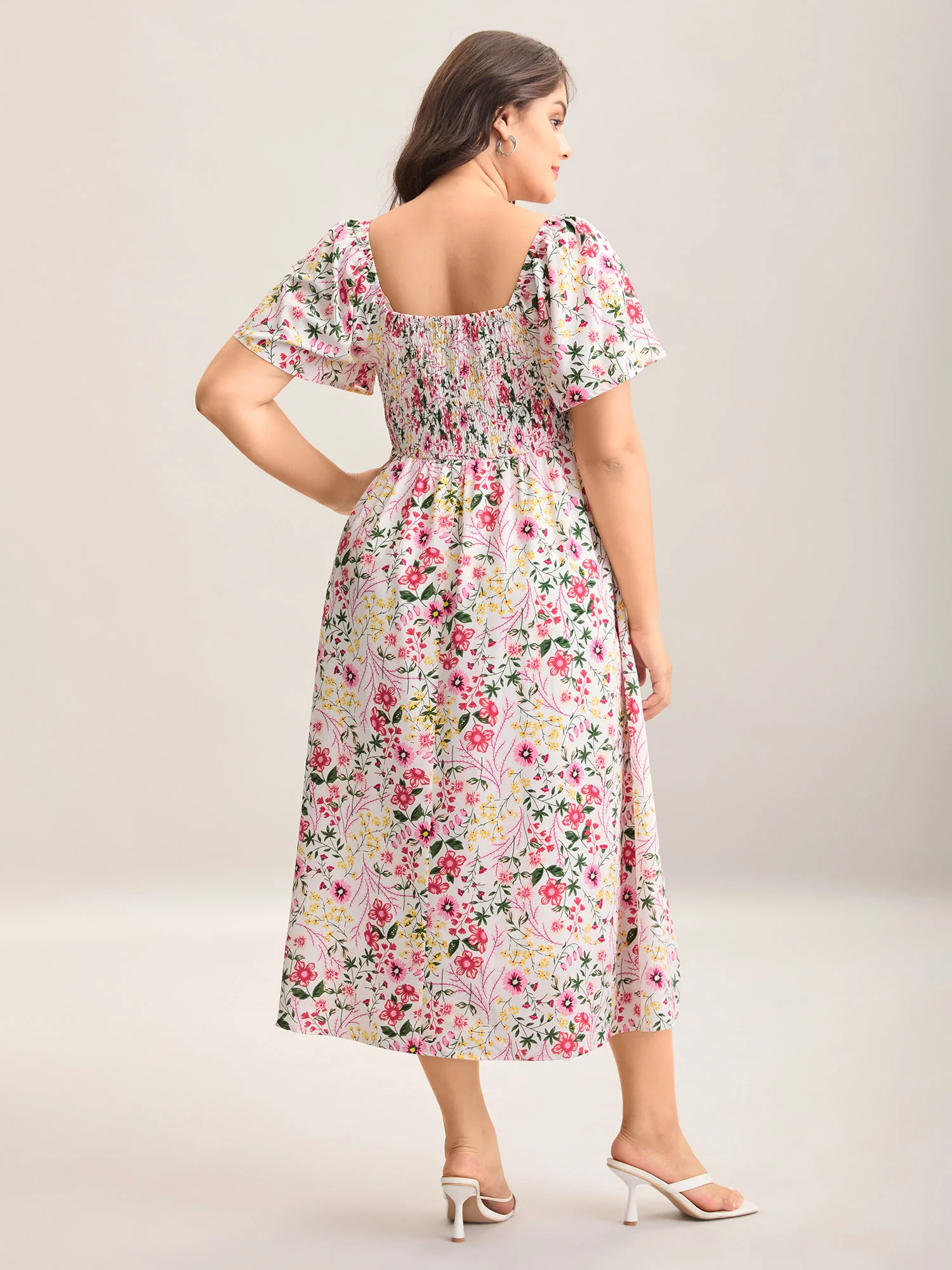 Floral Shirred Square Neck Pocket Midi Dress - Image 14