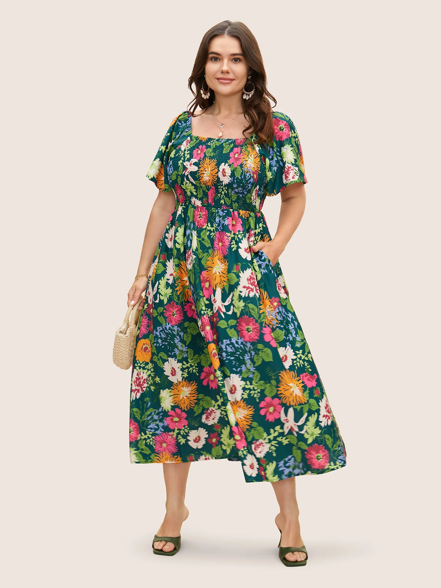 Floral Shirred Square Neck Pocket Midi Dress - Image 15