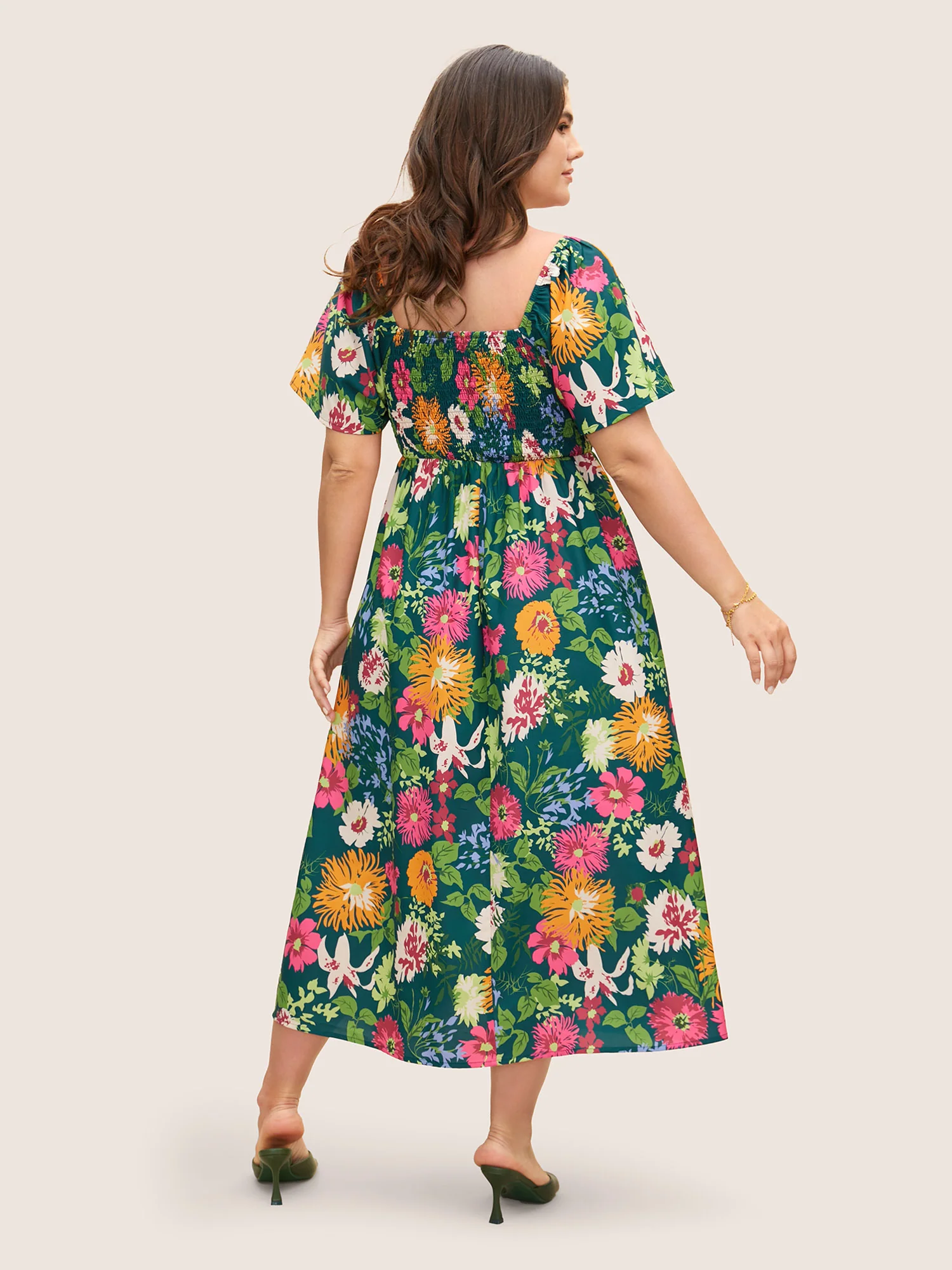 Floral Shirred Square Neck Pocket Midi Dress - Image 16