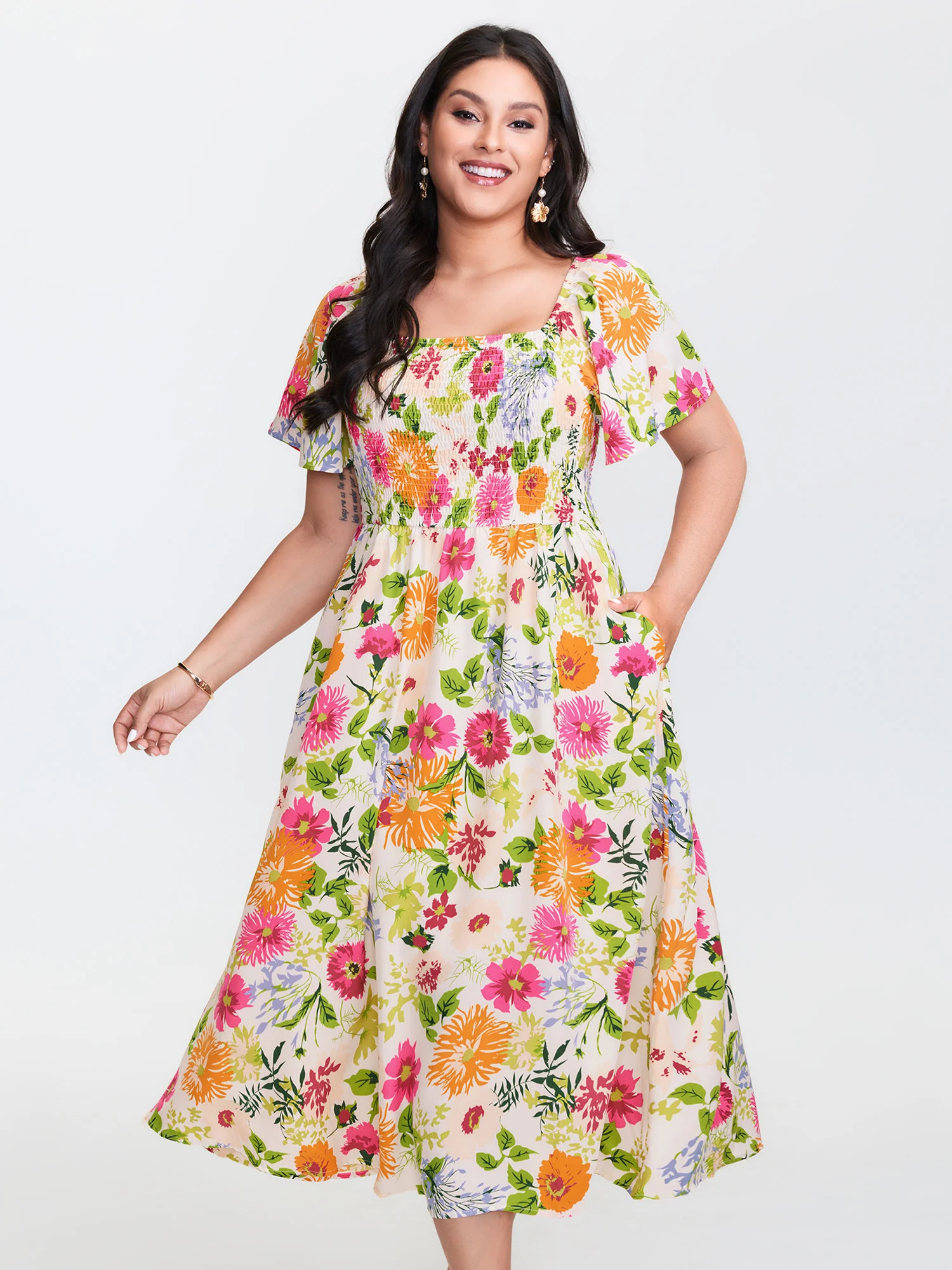 Floral Shirred Square Neck Pocket Midi Dress - Image 7