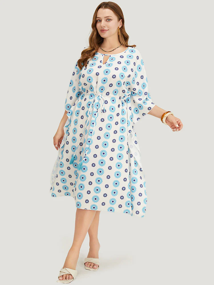 Floral Batwing Sleeve Keyhole Knotted Neck Split  Dress - Image 3