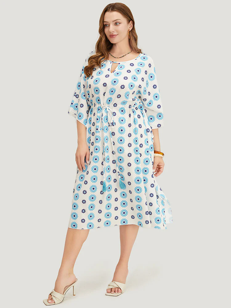 Floral Batwing Sleeve Keyhole Knotted Neck Split  Dress - Image 4