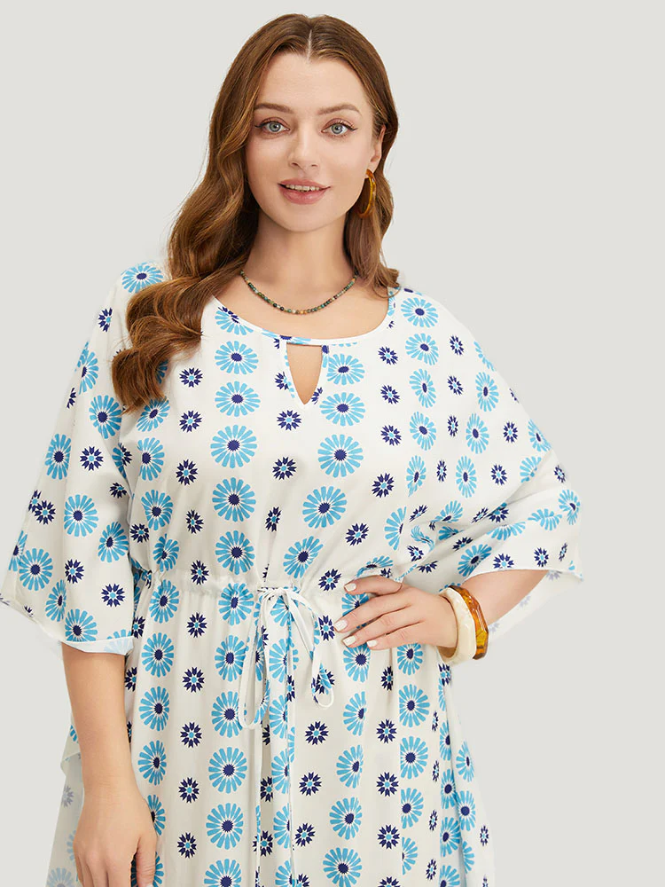 Floral Batwing Sleeve Keyhole Knotted Neck Split  Dress - Image 5