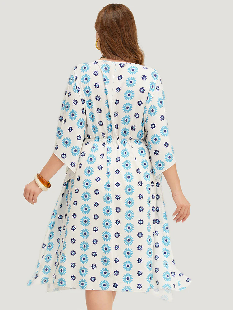 Floral Batwing Sleeve Keyhole Knotted Neck Split  Dress - Image 6