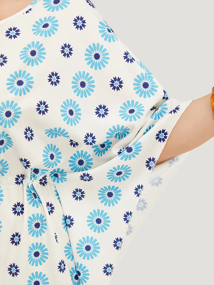 Floral Batwing Sleeve Keyhole Knotted Neck Split  Dress - Image 7