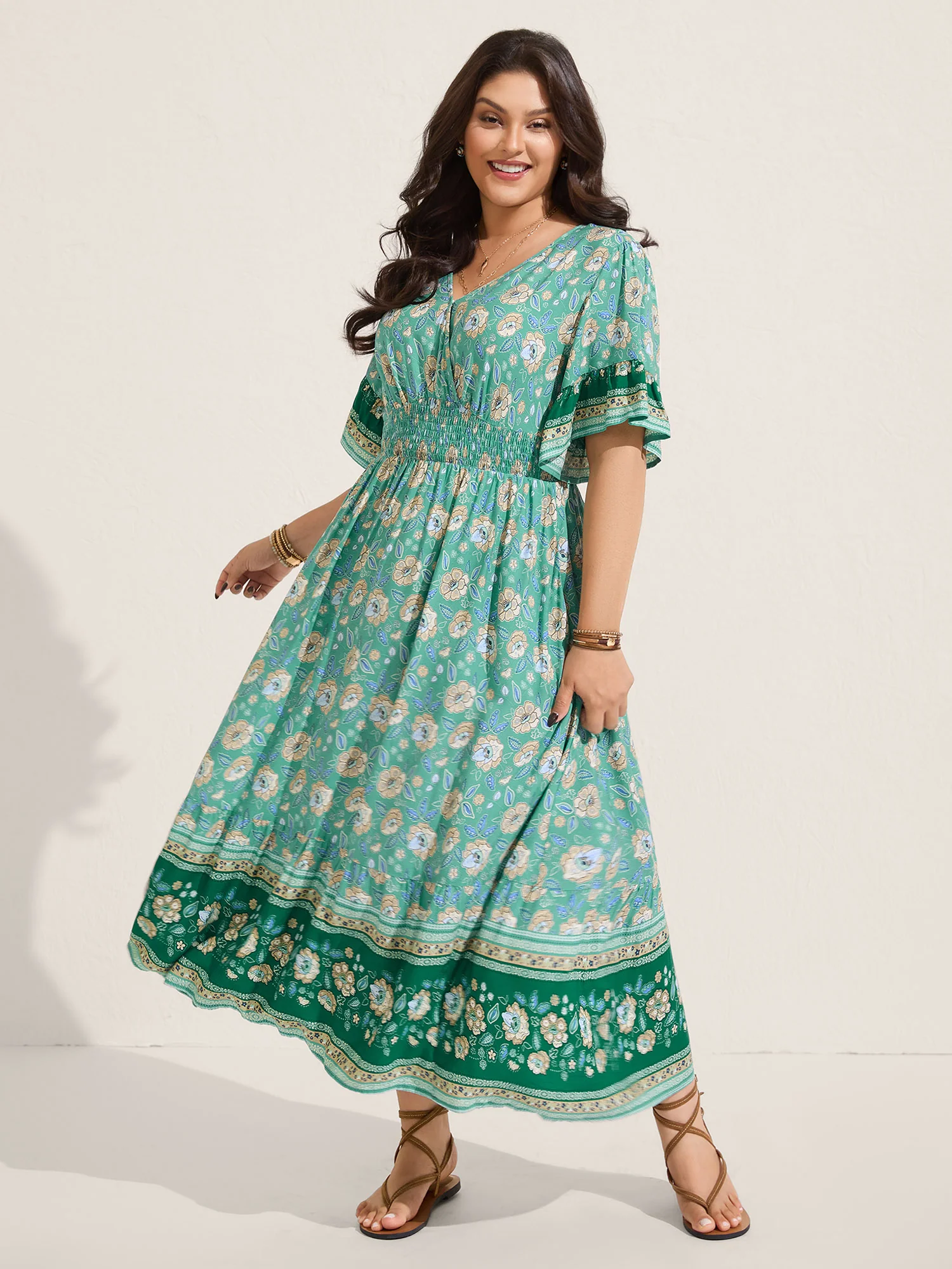 Floral Bell Sleeve Shirred Waist Maxi Dress - Image 2