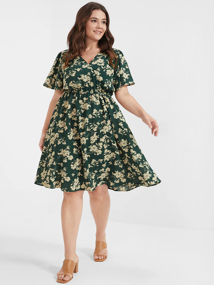Floral Belted Button Ruffled Wrap Knee Dress - Image 2