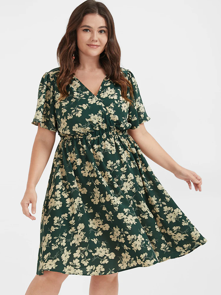 Floral Belted Button Ruffled Wrap Knee Dress - Image 3