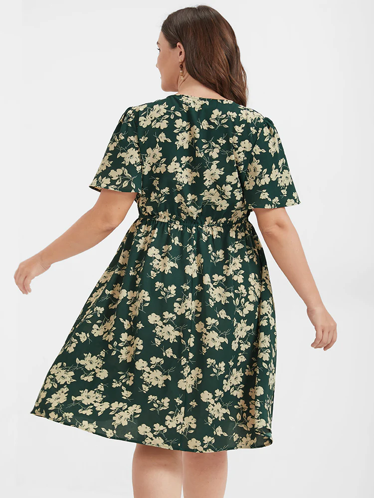 Floral Belted Button Ruffled Wrap Knee Dress - Image 4