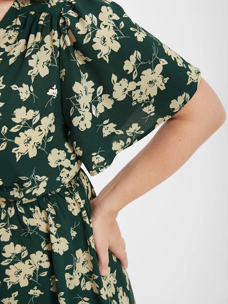 Floral Belted Button Ruffled Wrap Knee Dress - Image 5