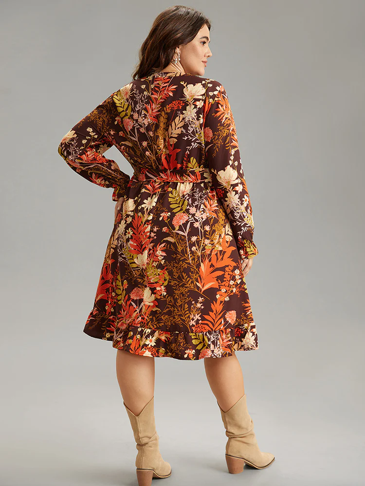 Floral Belted Notched Lantern Sleeve Ruffles Dress - Image 2