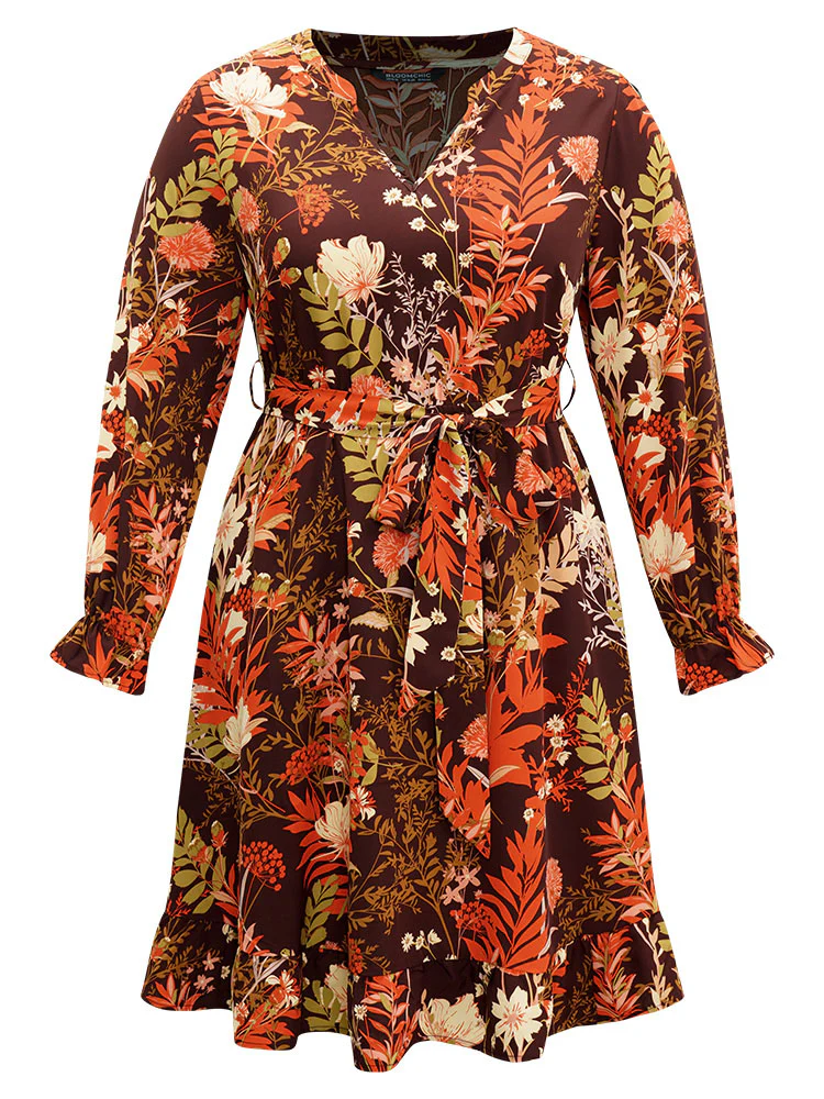 Floral Belted Notched Lantern Sleeve Ruffles Dress - Image 5