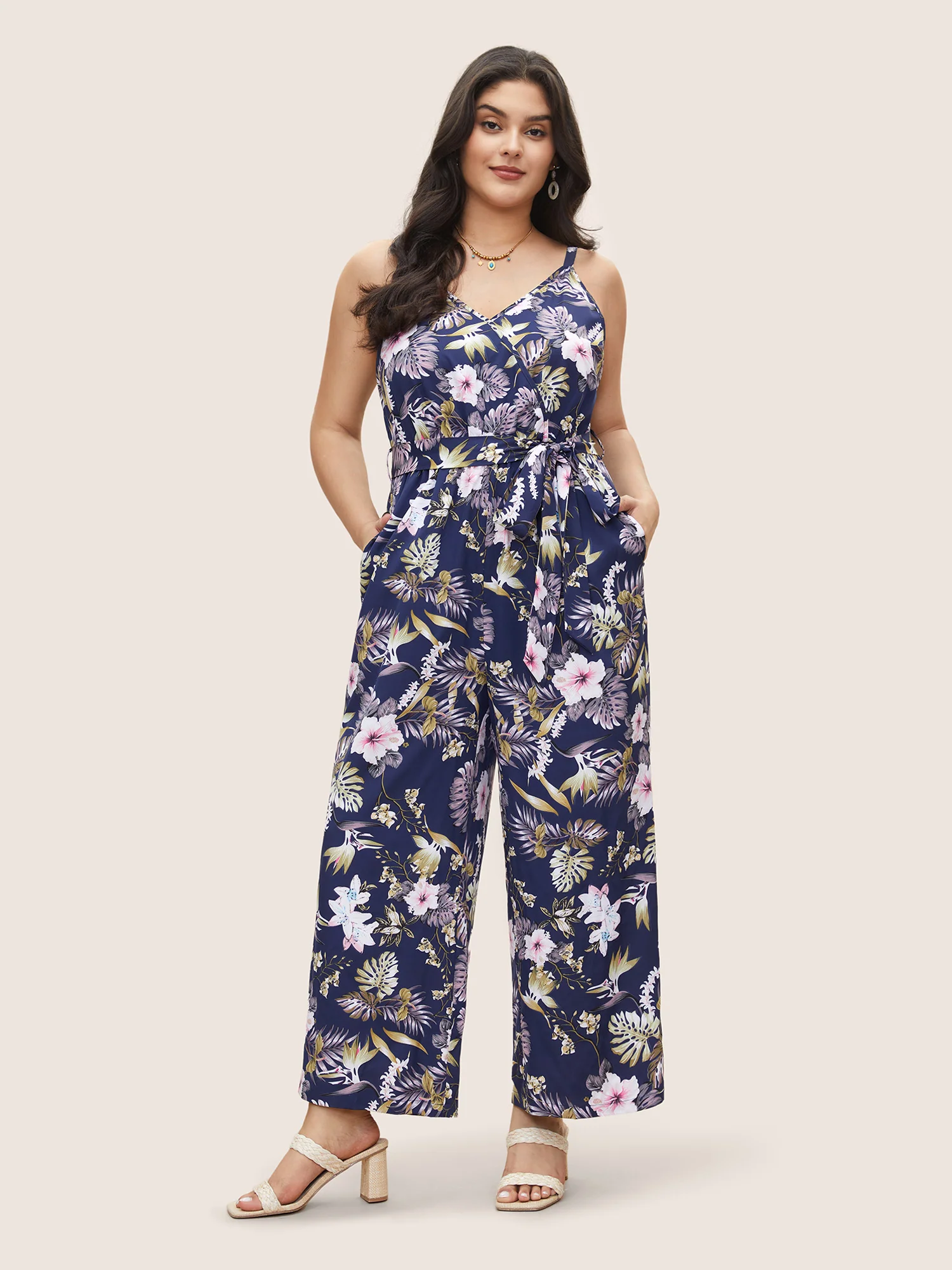 Floral Belted Pocket Wrap Cami Jumpsuit - Image 2