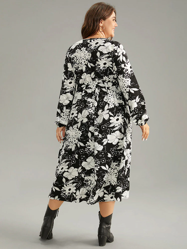 Floral Belted V Neck Lantern Sleeve Dress - Image 2