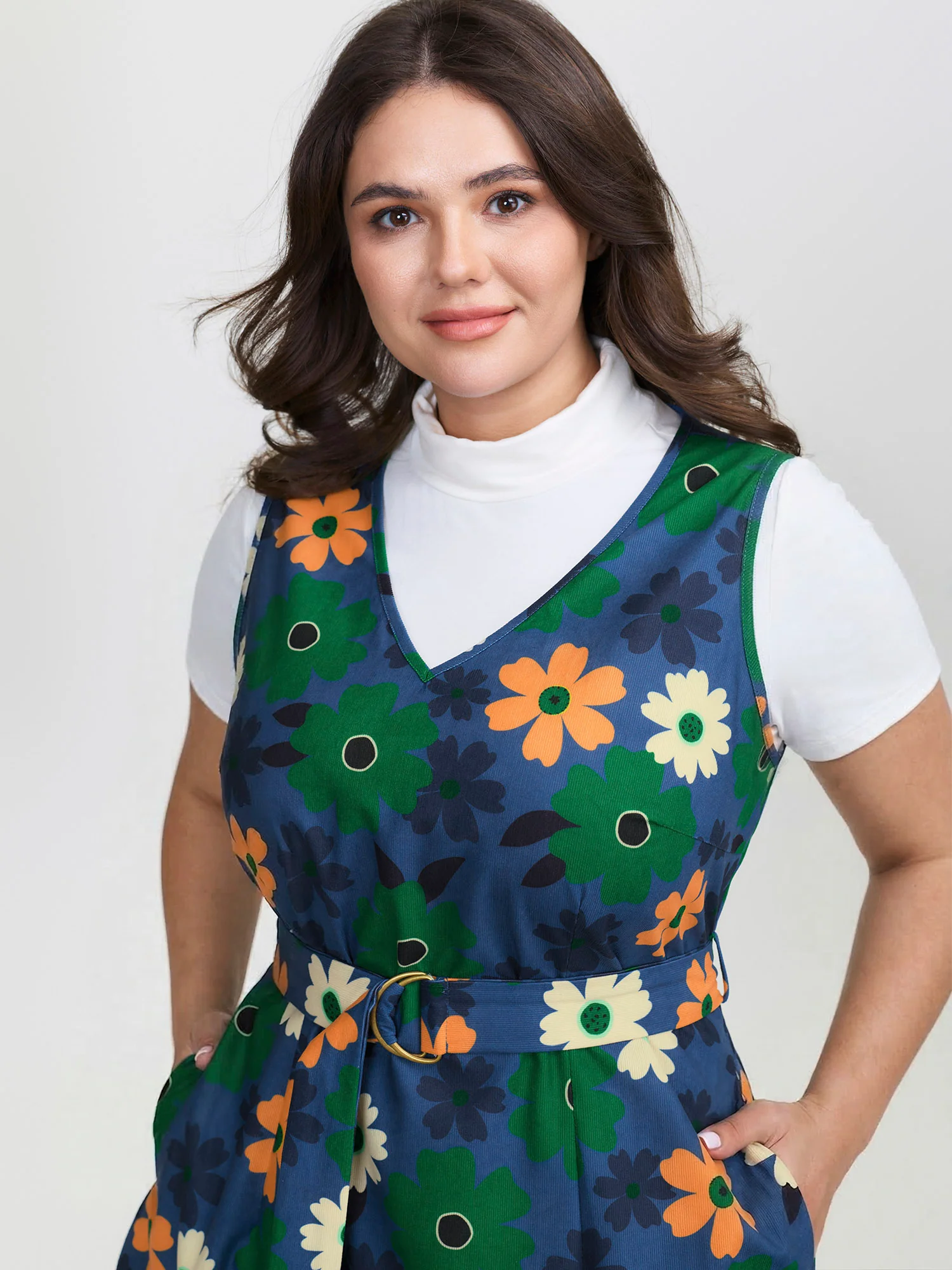 Floral Belted Waist-Defining Knee Dress - Image 2