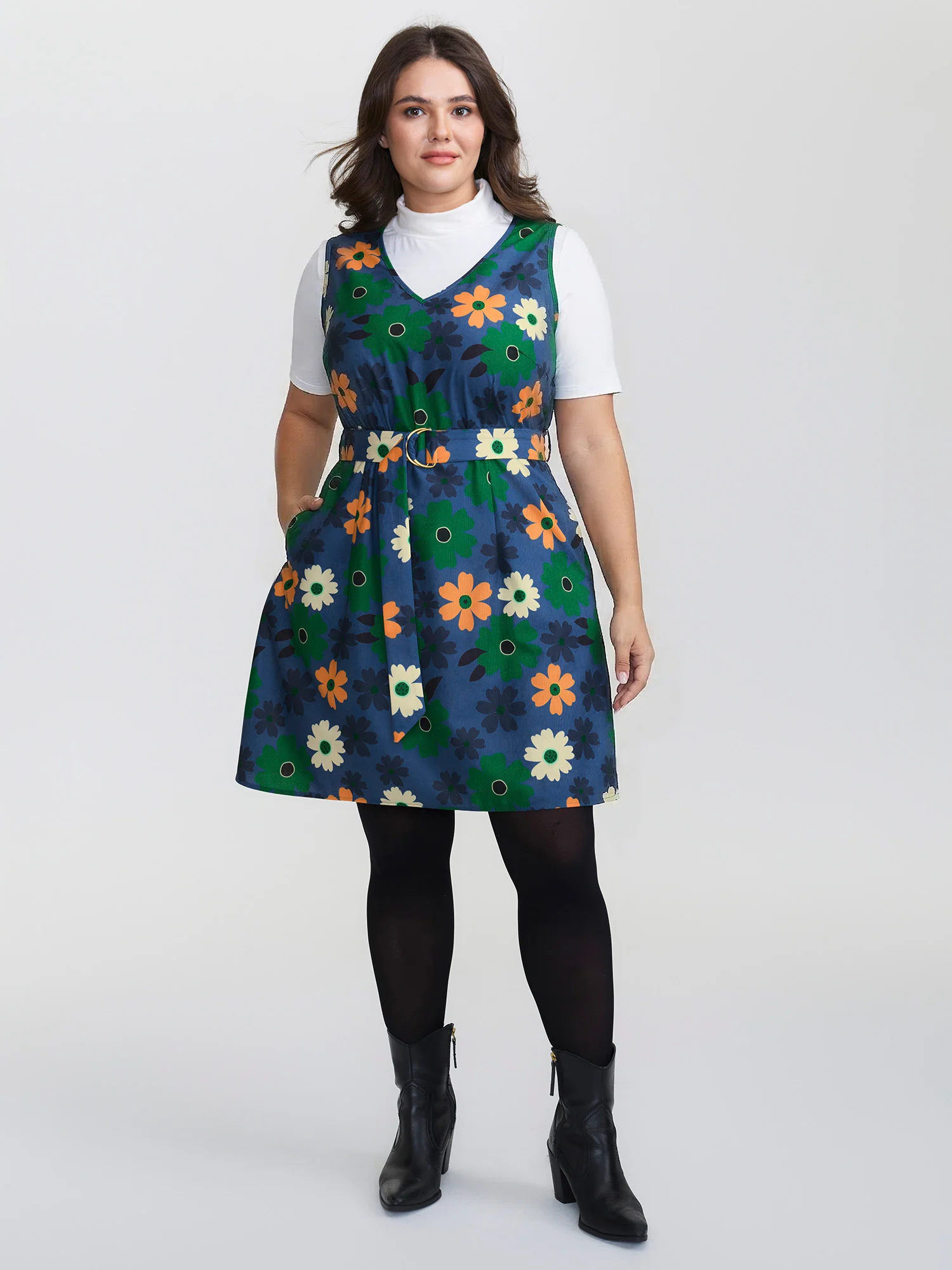 Floral Belted Waist-Defining Knee Dress - Image 3