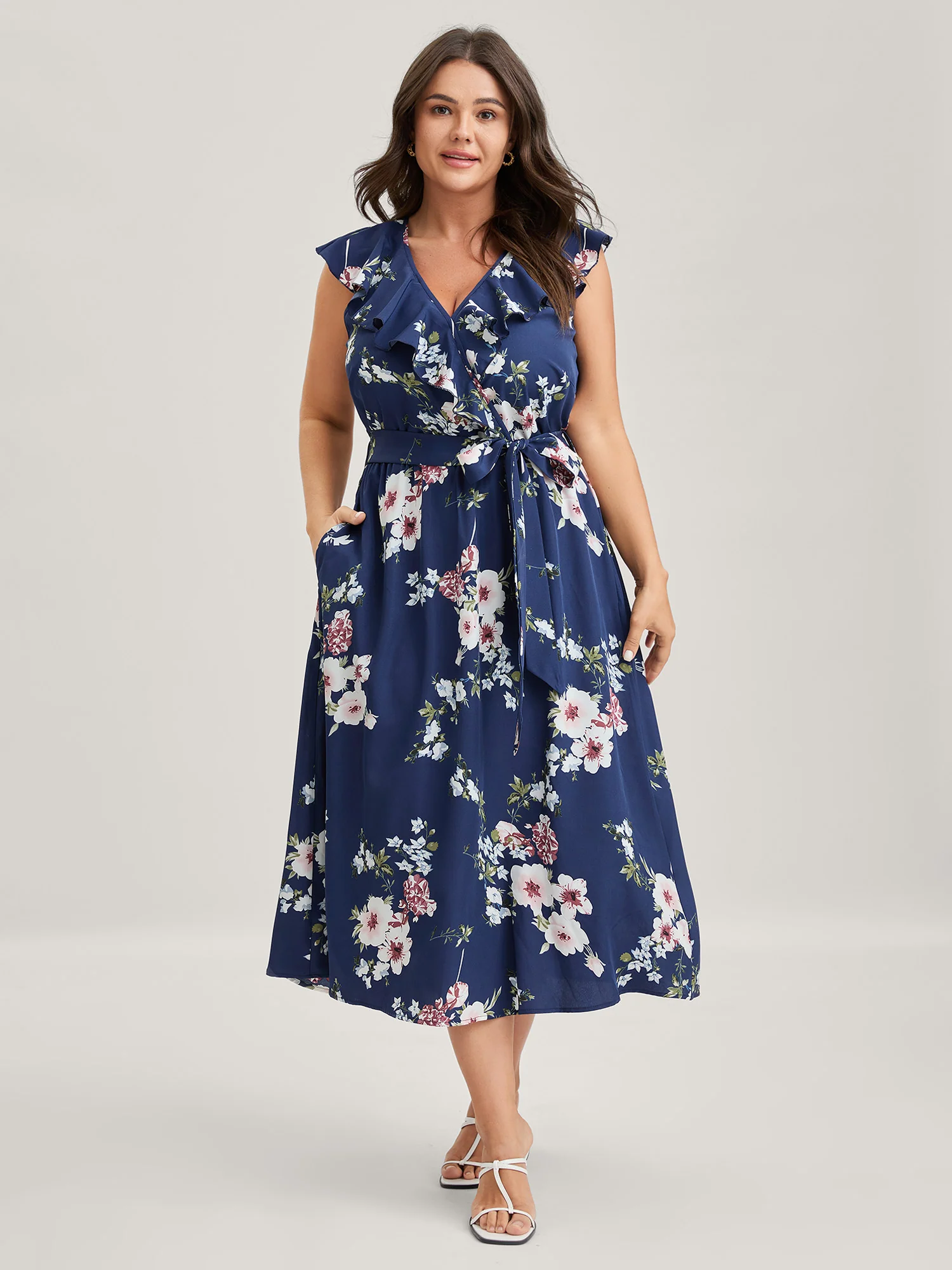 Floral Belted Waist Ruffled Pockets Midi Dress - Image 3