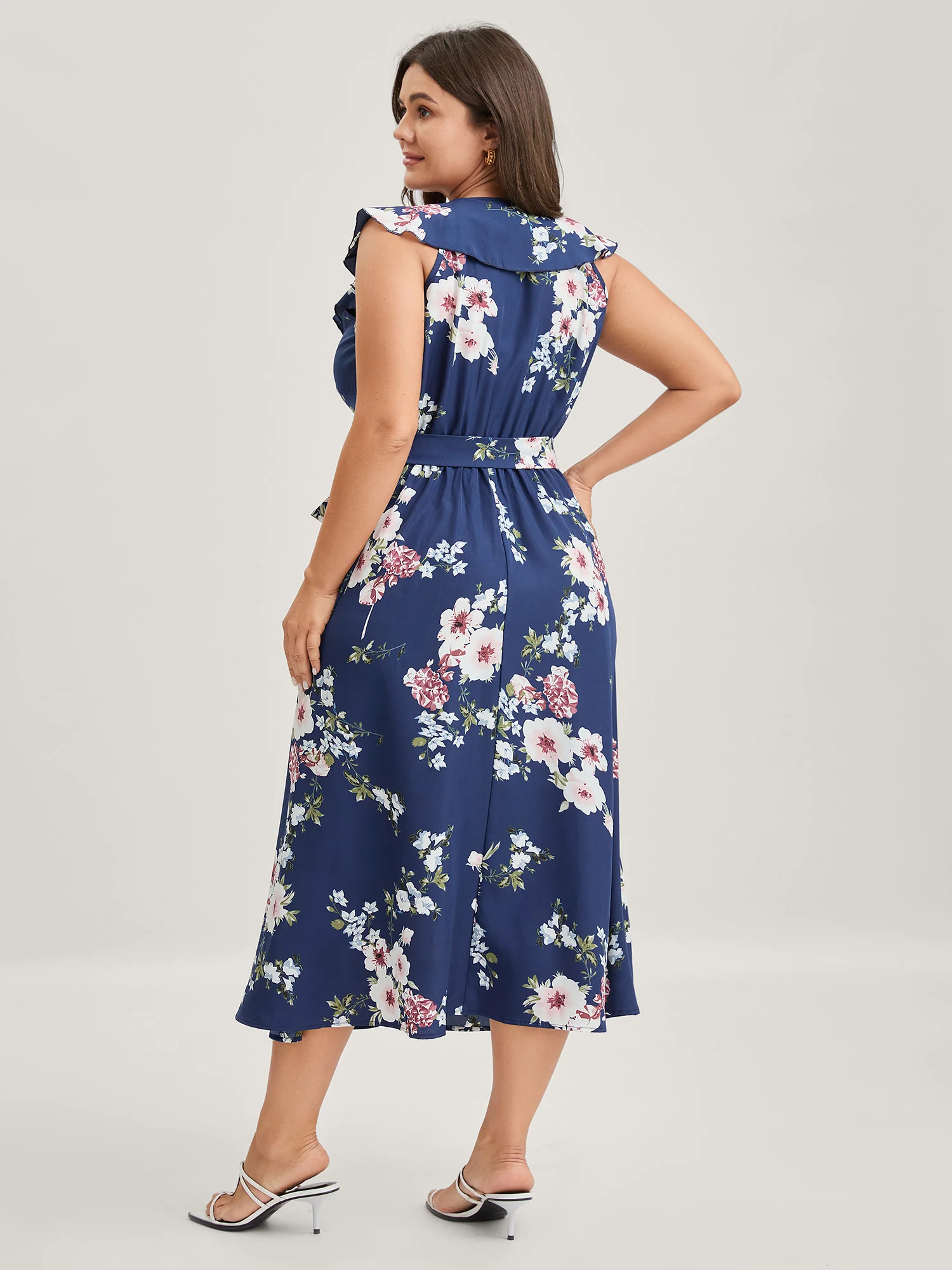 Floral Belted Waist Ruffled Pockets Midi Dress - Image 4