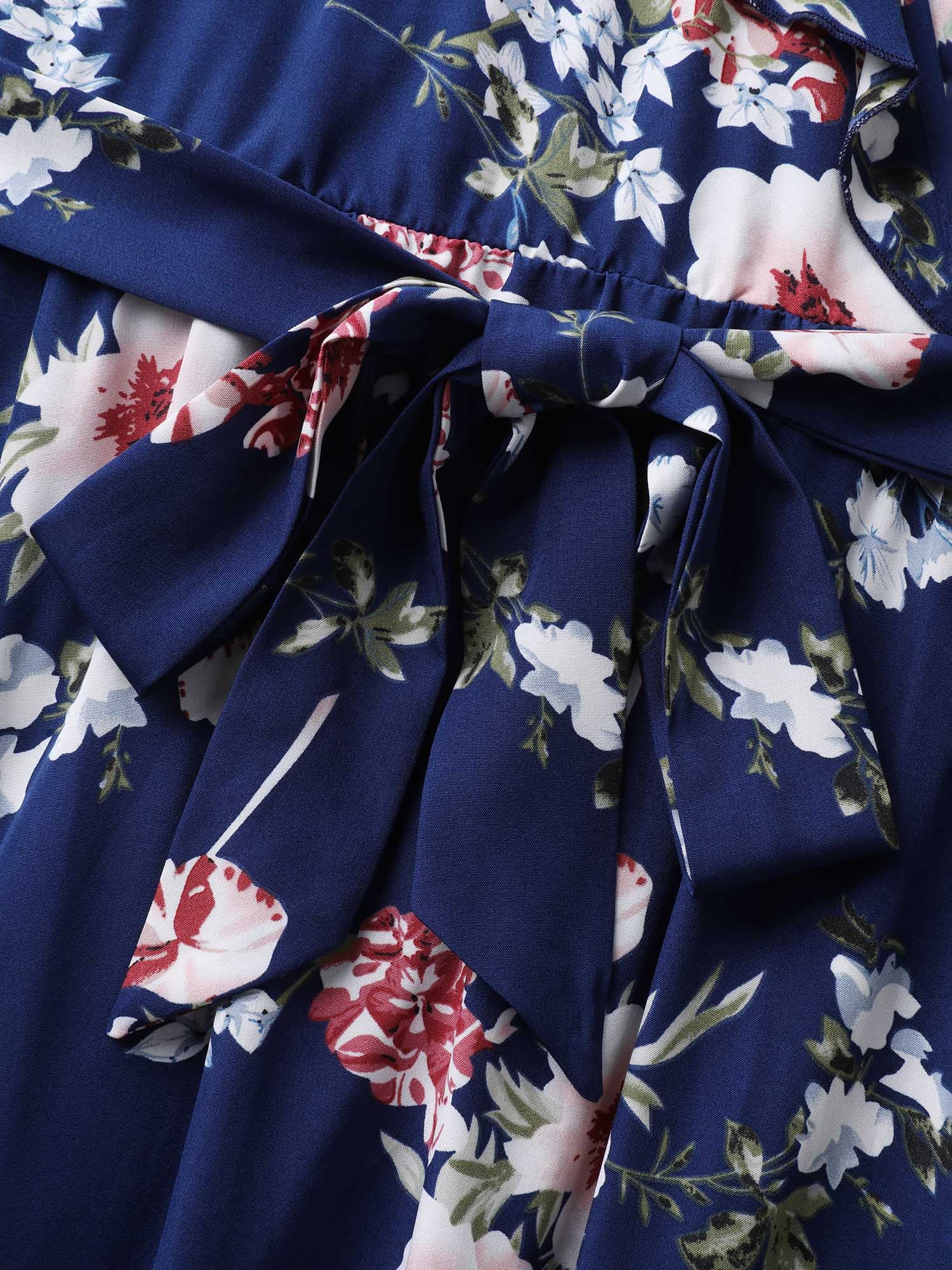 Floral Belted Waist Ruffled Pockets Midi Dress - Image 6