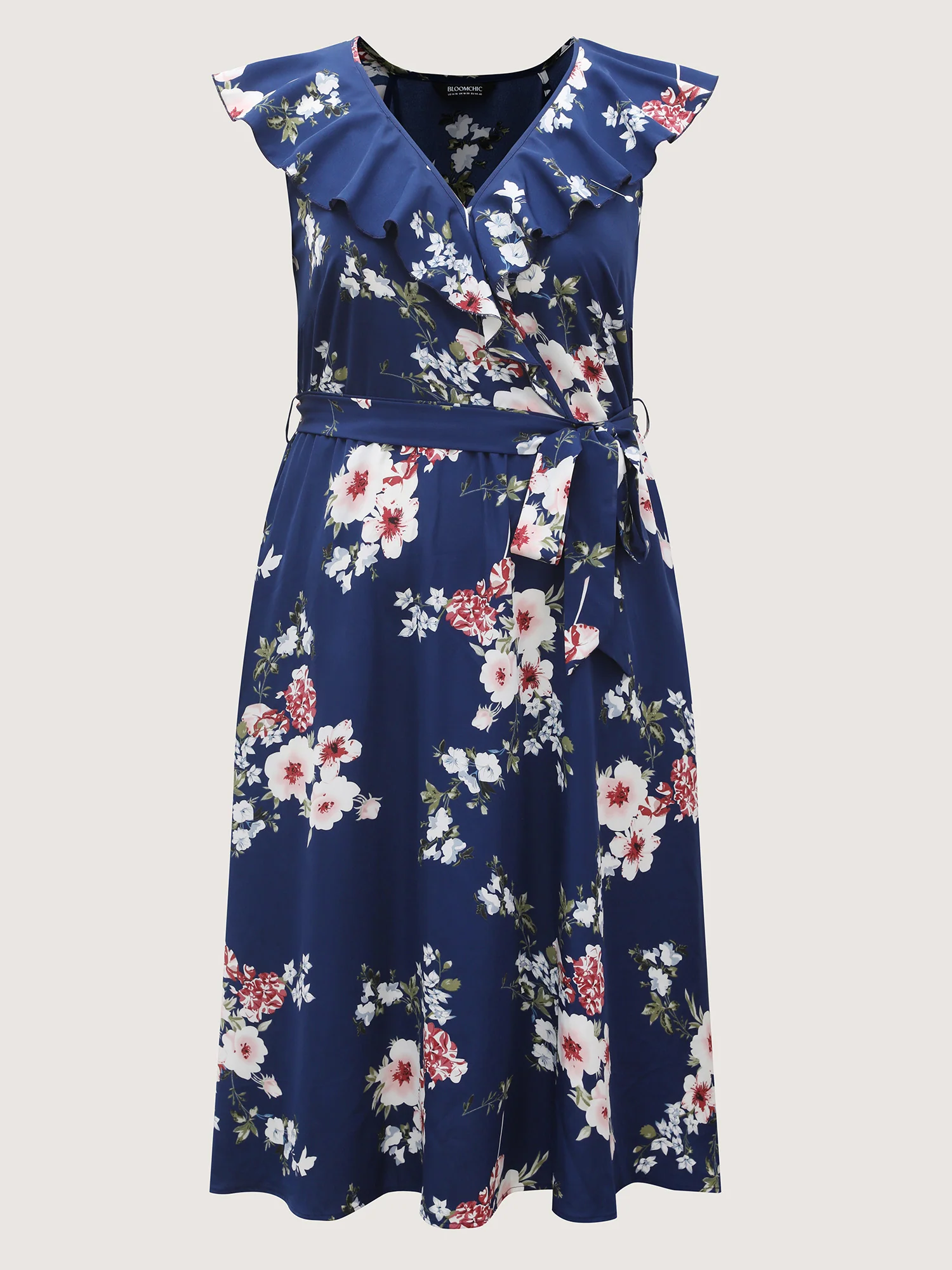 Floral Belted Waist Ruffled Pockets Midi Dress - Image 7