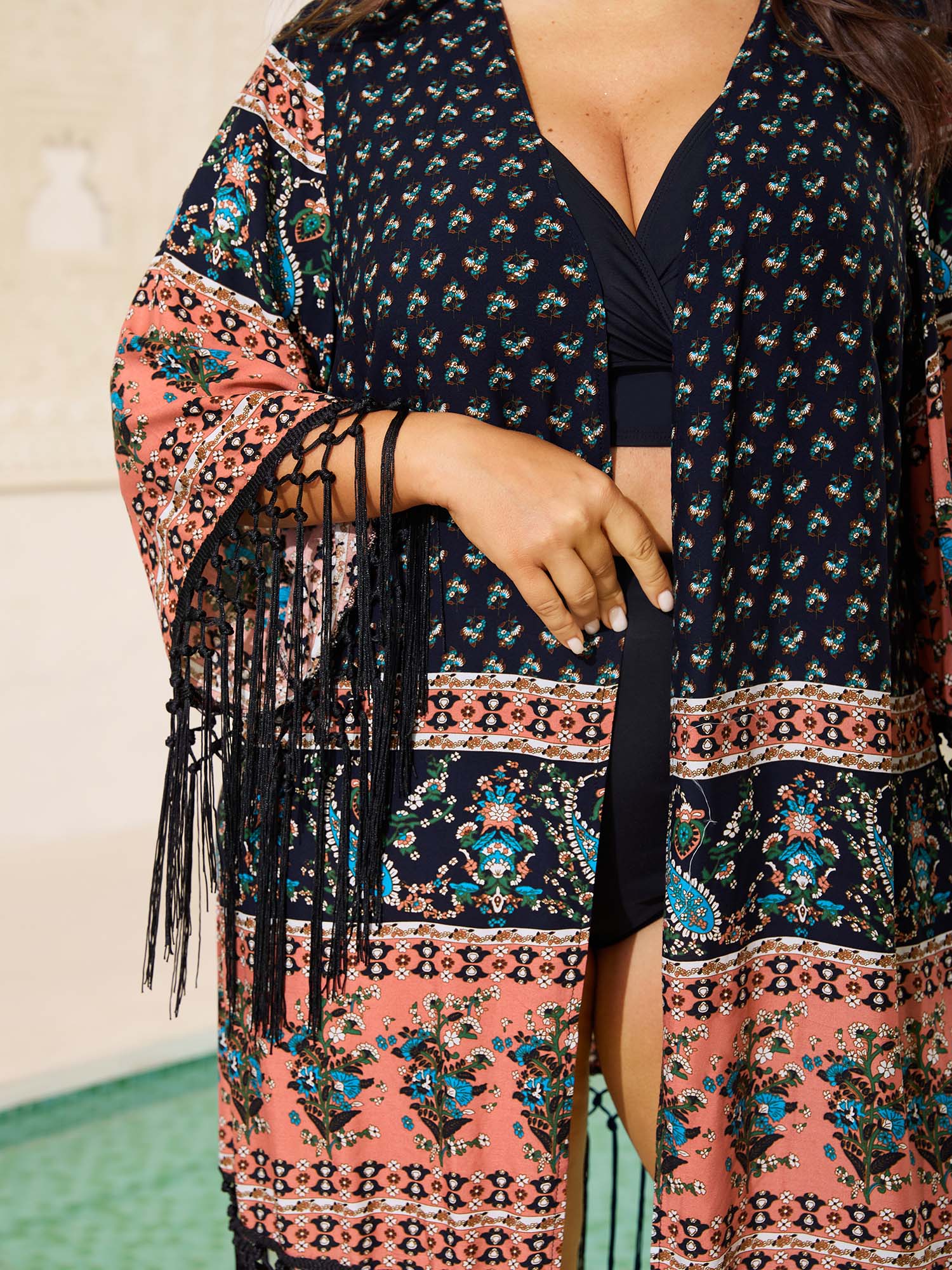 Floral Boho Fringe Detail Kimono - Image 2