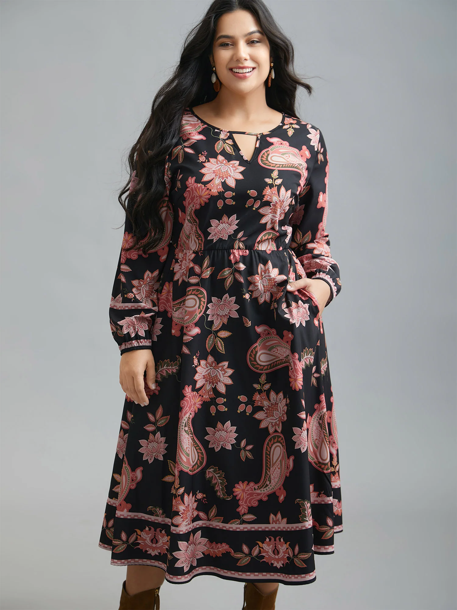 Floral Boho Print Neck Cut-Out Dress - Image 2