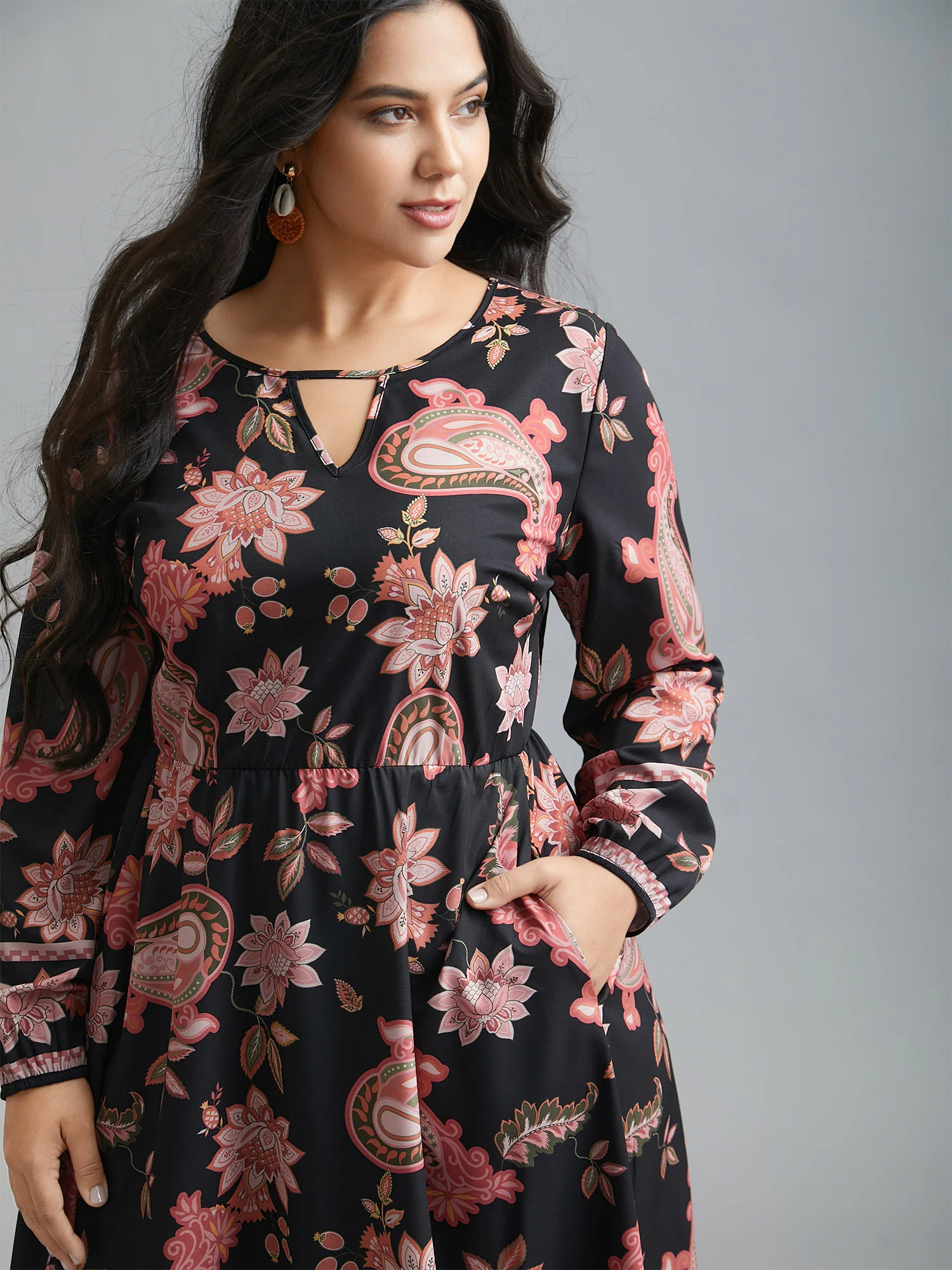Floral Boho Print Neck Cut-Out Dress - Image 3