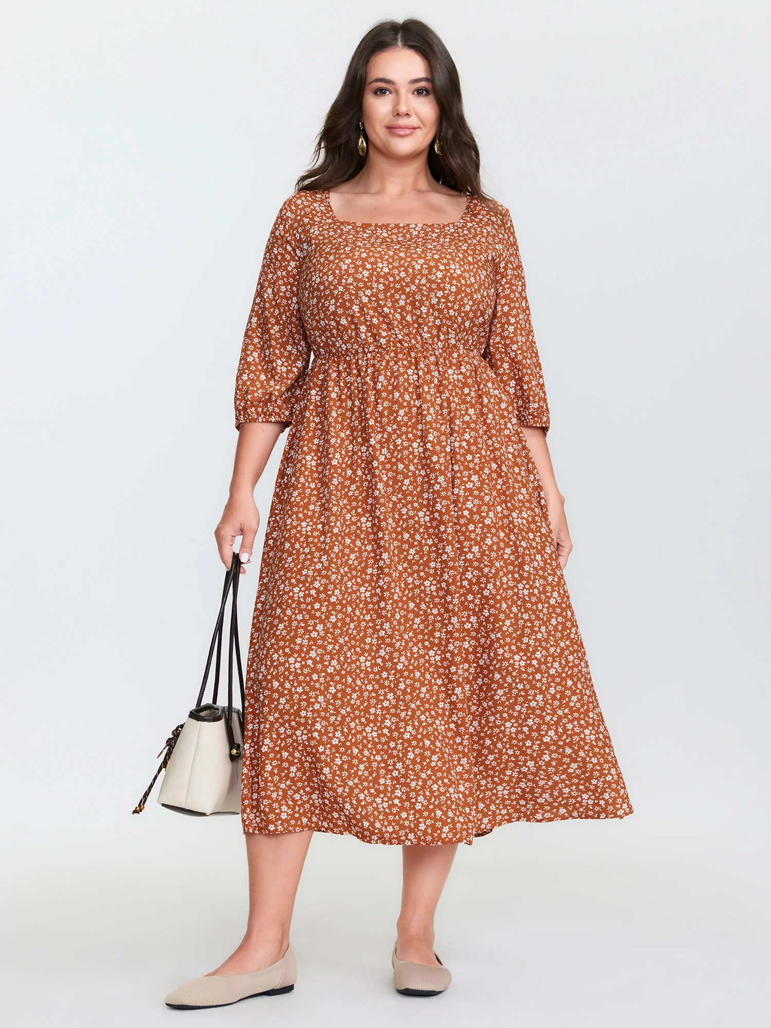 Floral Bow Back Square Neckline Midi Dress - Image 3