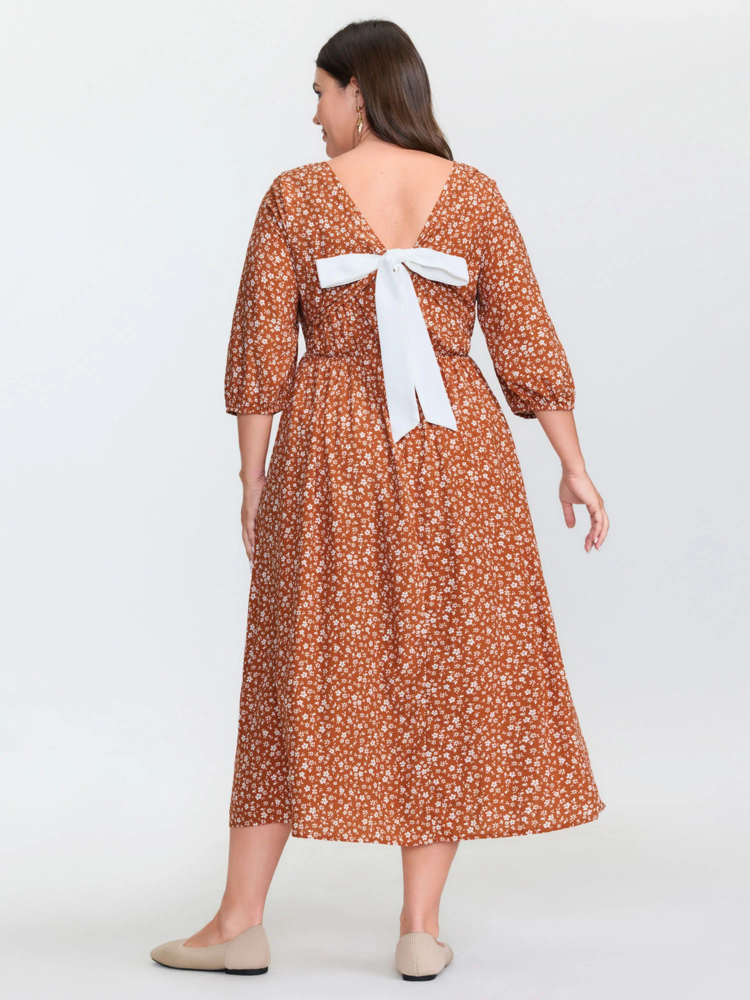 Floral Bow Back Square Neckline Midi Dress - Image 5