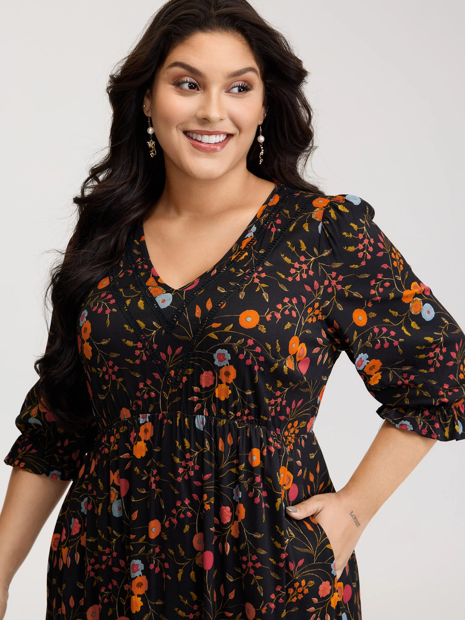 Floral Branch Print Lace Trim Midi Dress - Image 2