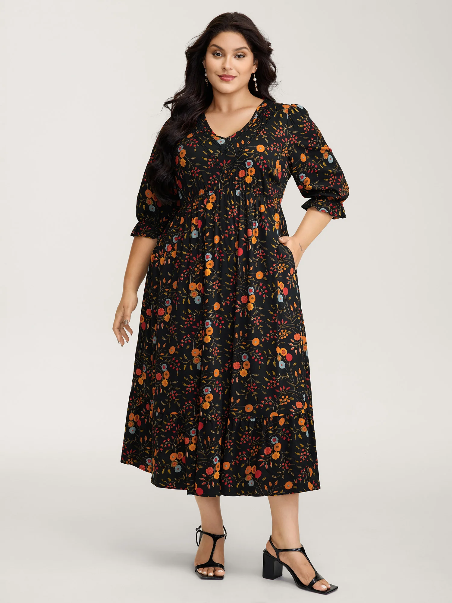 Floral Branch Print Lace Trim Midi Dress - Image 3