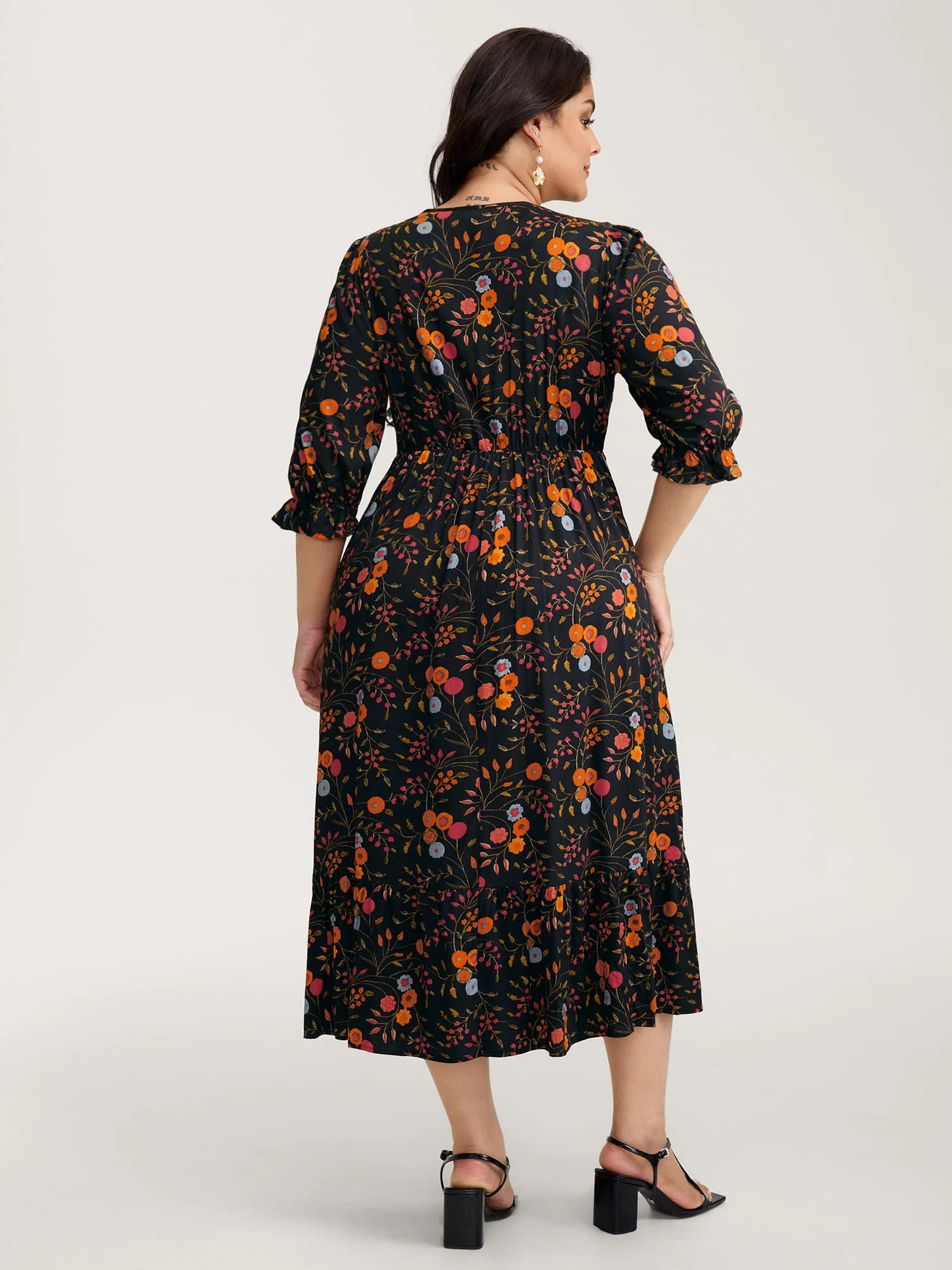 Floral Branch Print Lace Trim Midi Dress - Image 4