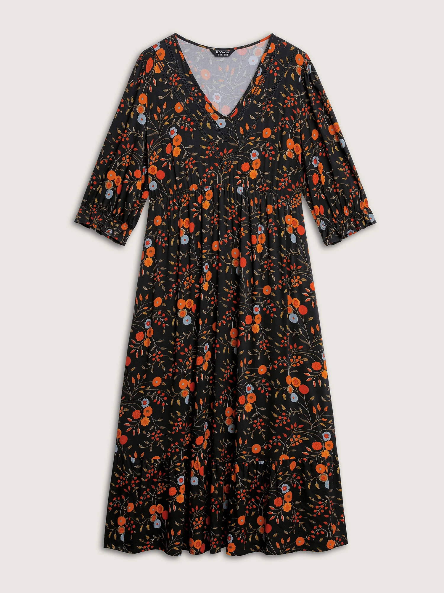 Floral Branch Print Lace Trim Midi Dress - Image 7