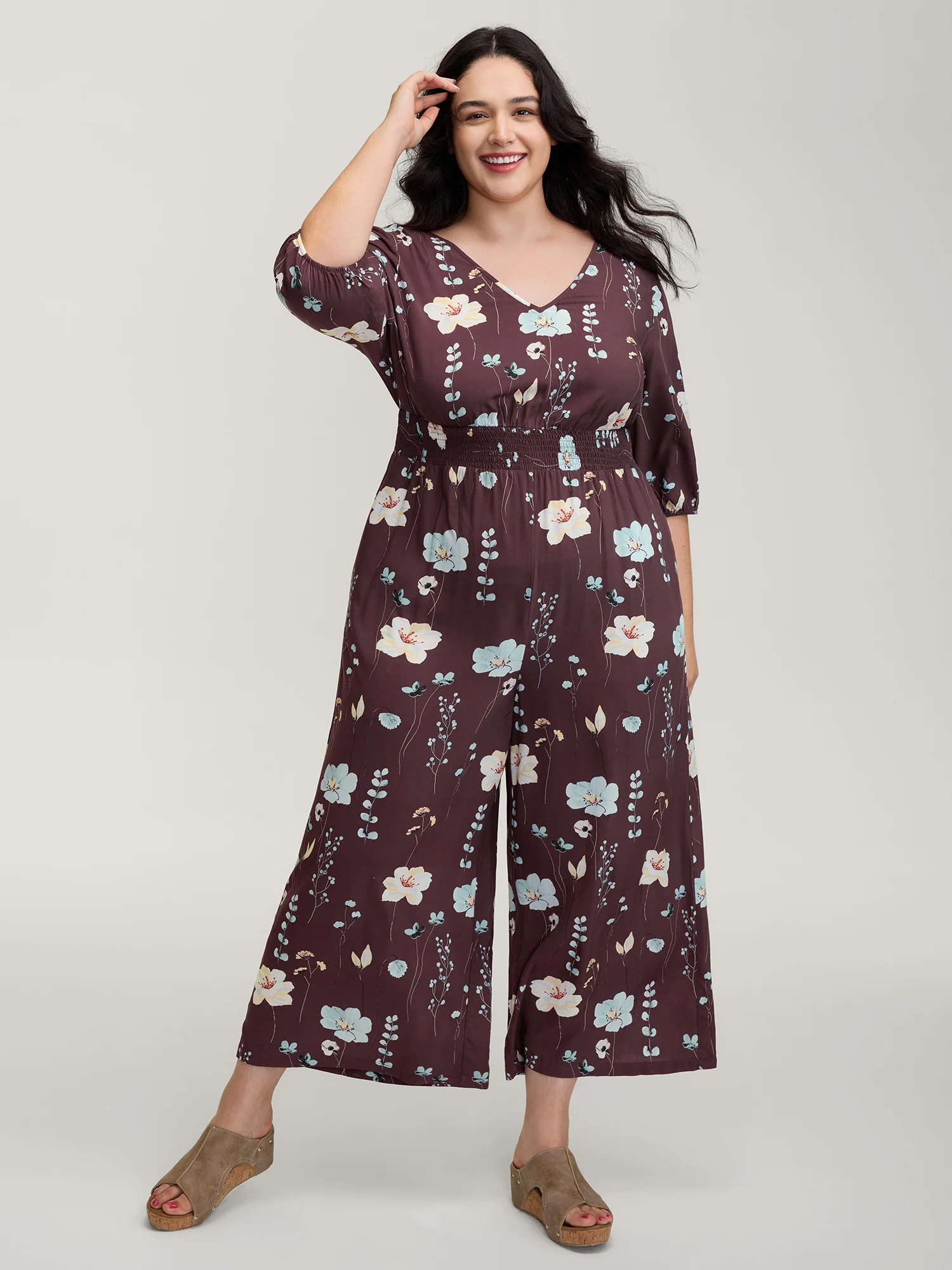Floral Branch Print Shirred Waist Jumpsuit - Image 3