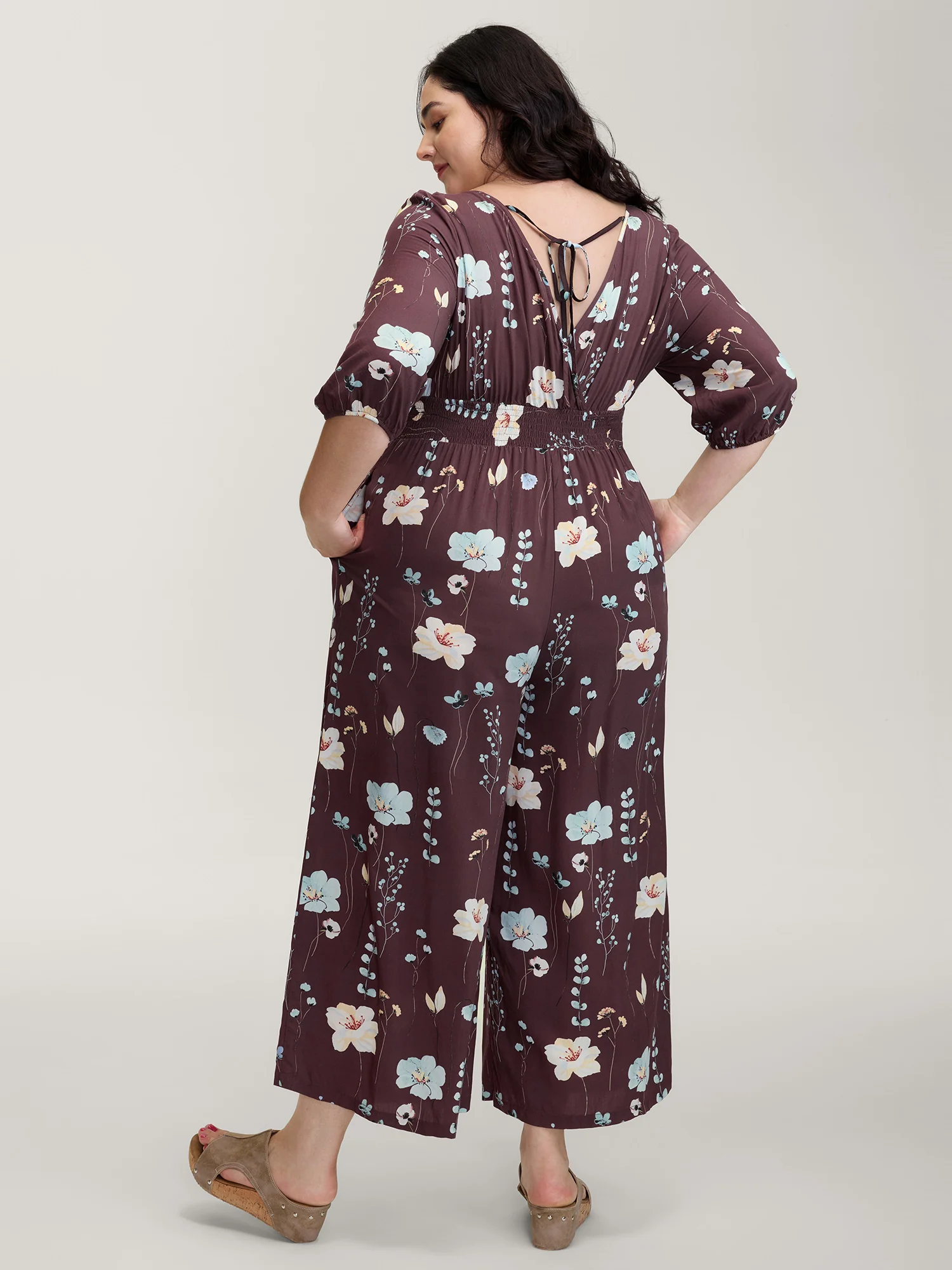 Floral Branch Print Shirred Waist Jumpsuit - Image 4