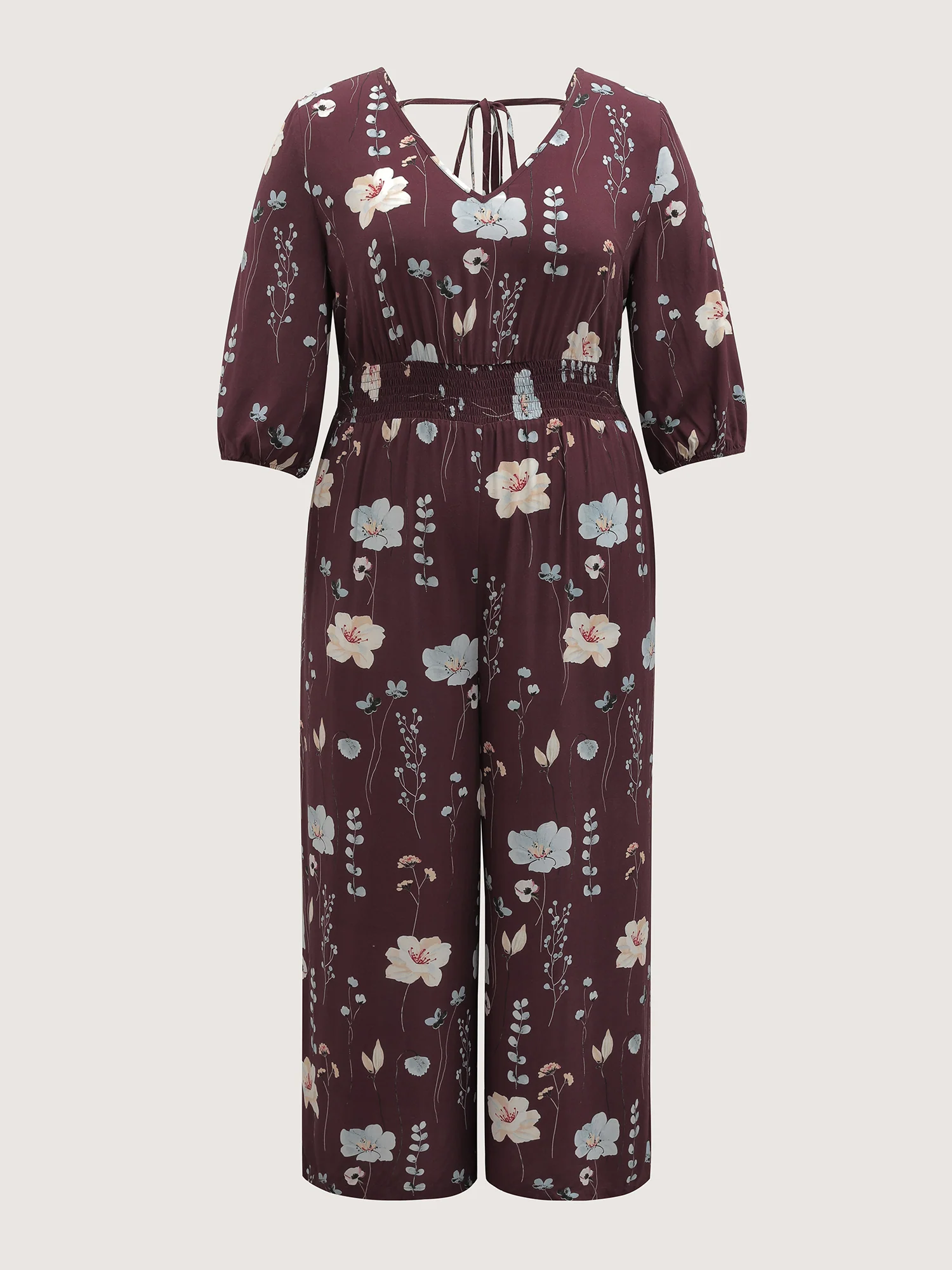 Floral Branch Print Shirred Waist Jumpsuit - Image 7