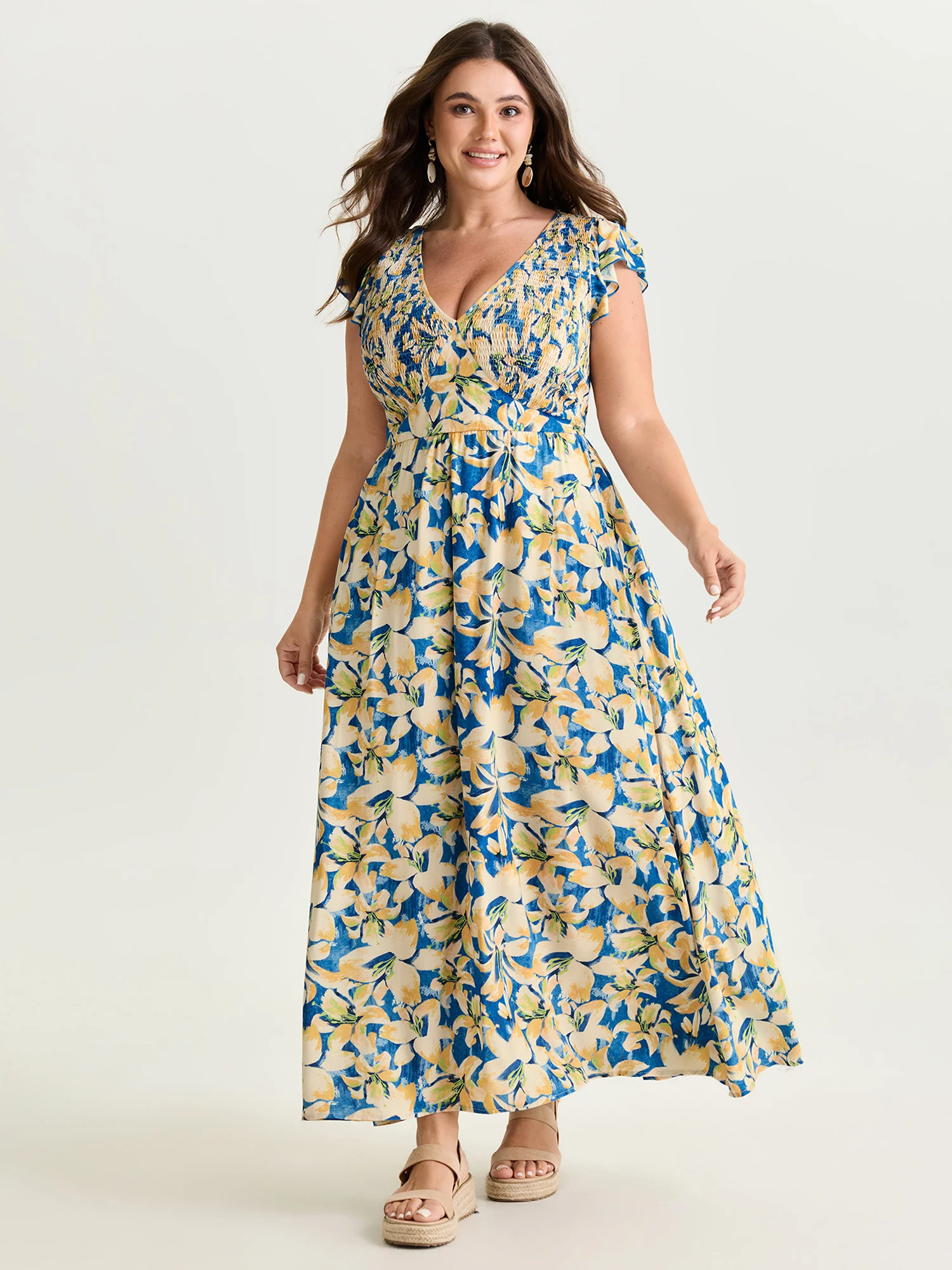 Floral Breeze Shirred V-Neck Maxi Dress - Image 3