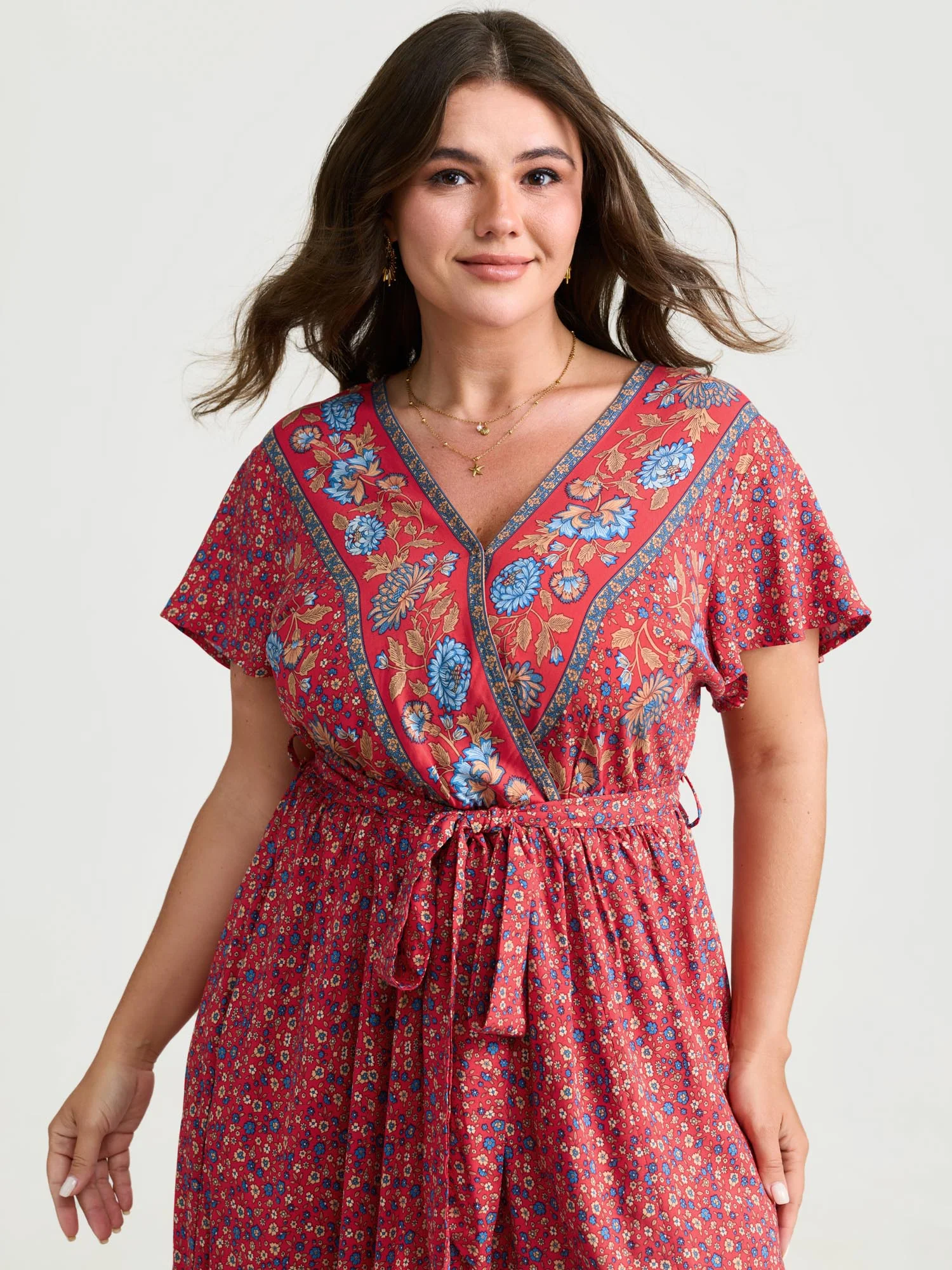 Floral Breeze Waist-Tie Contrast Maxi Dress - Image 2
