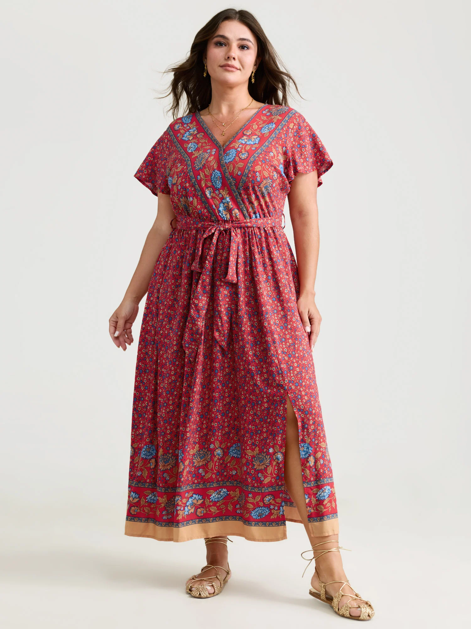 Floral Breeze Waist-Tie Contrast Maxi Dress - Image 3
