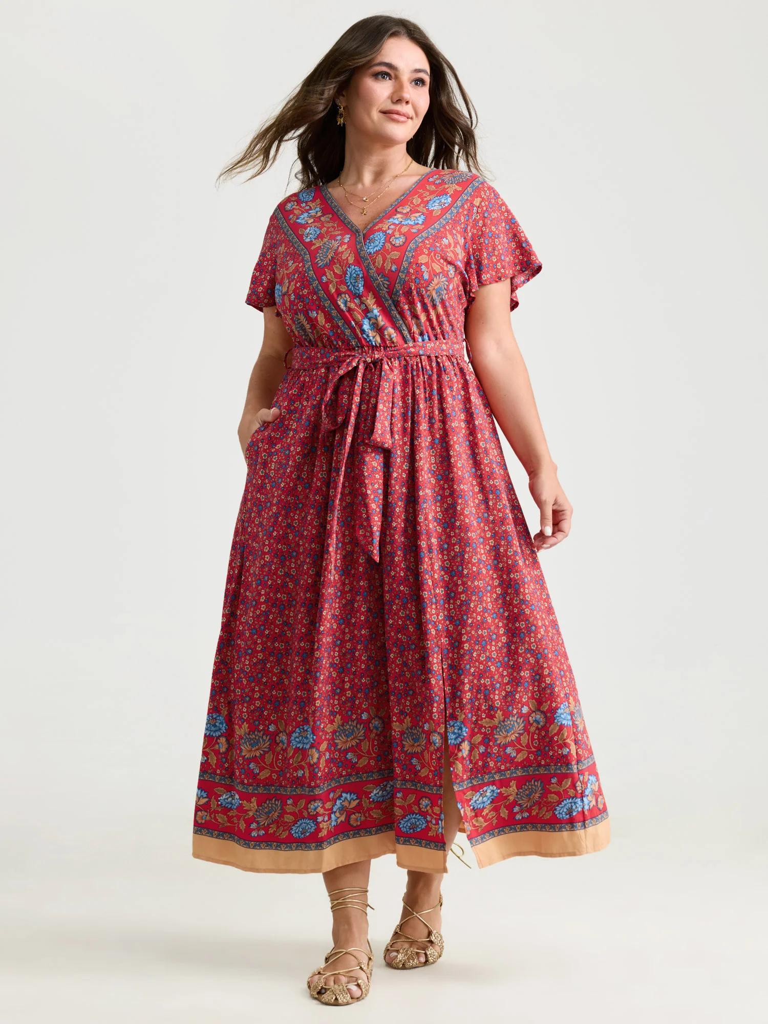 Floral Breeze Waist-Tie Contrast Maxi Dress - Image 4