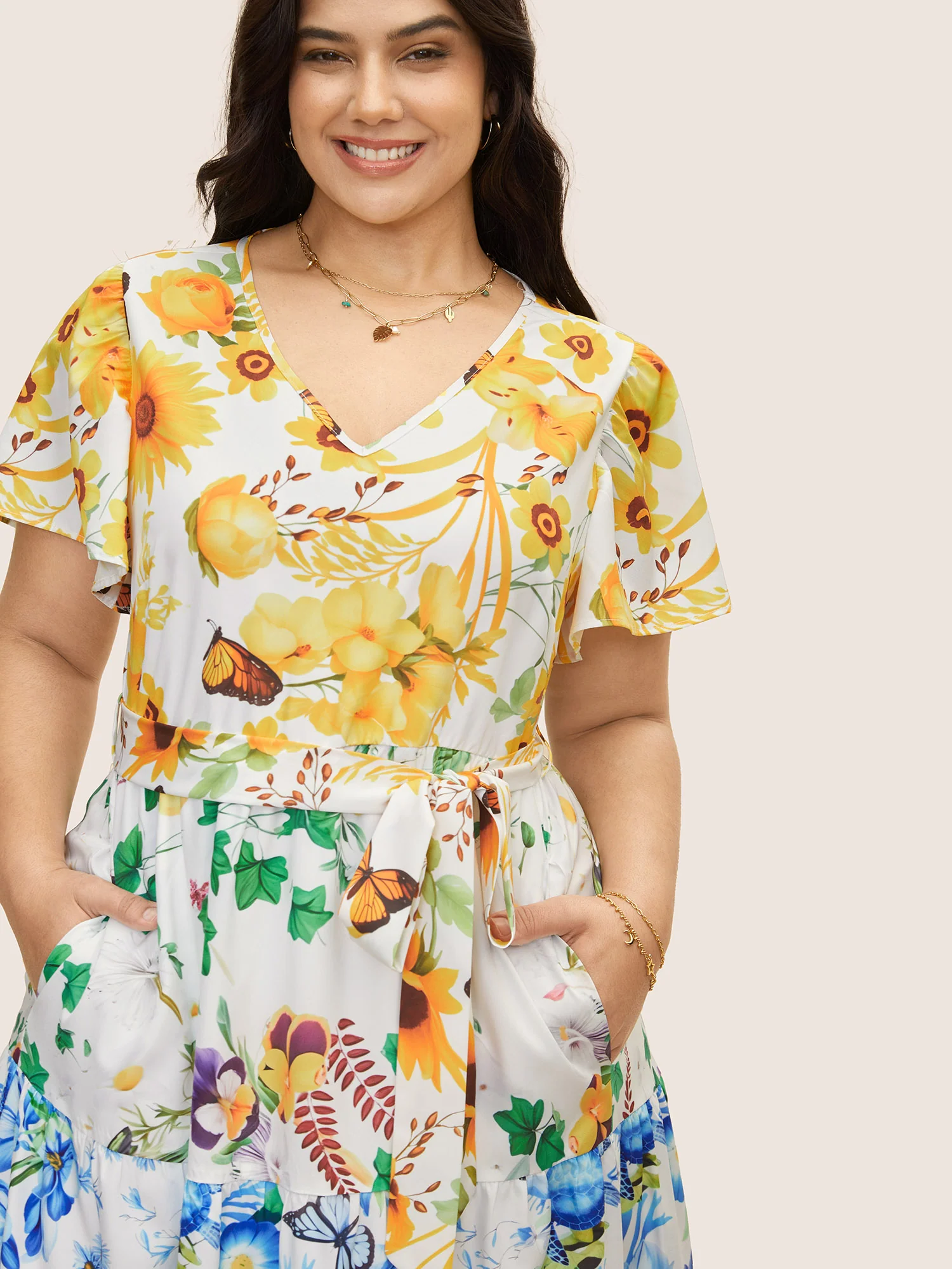 Floral & Butterfly Contrast Ruffle Layered Hem Dress - Image 2